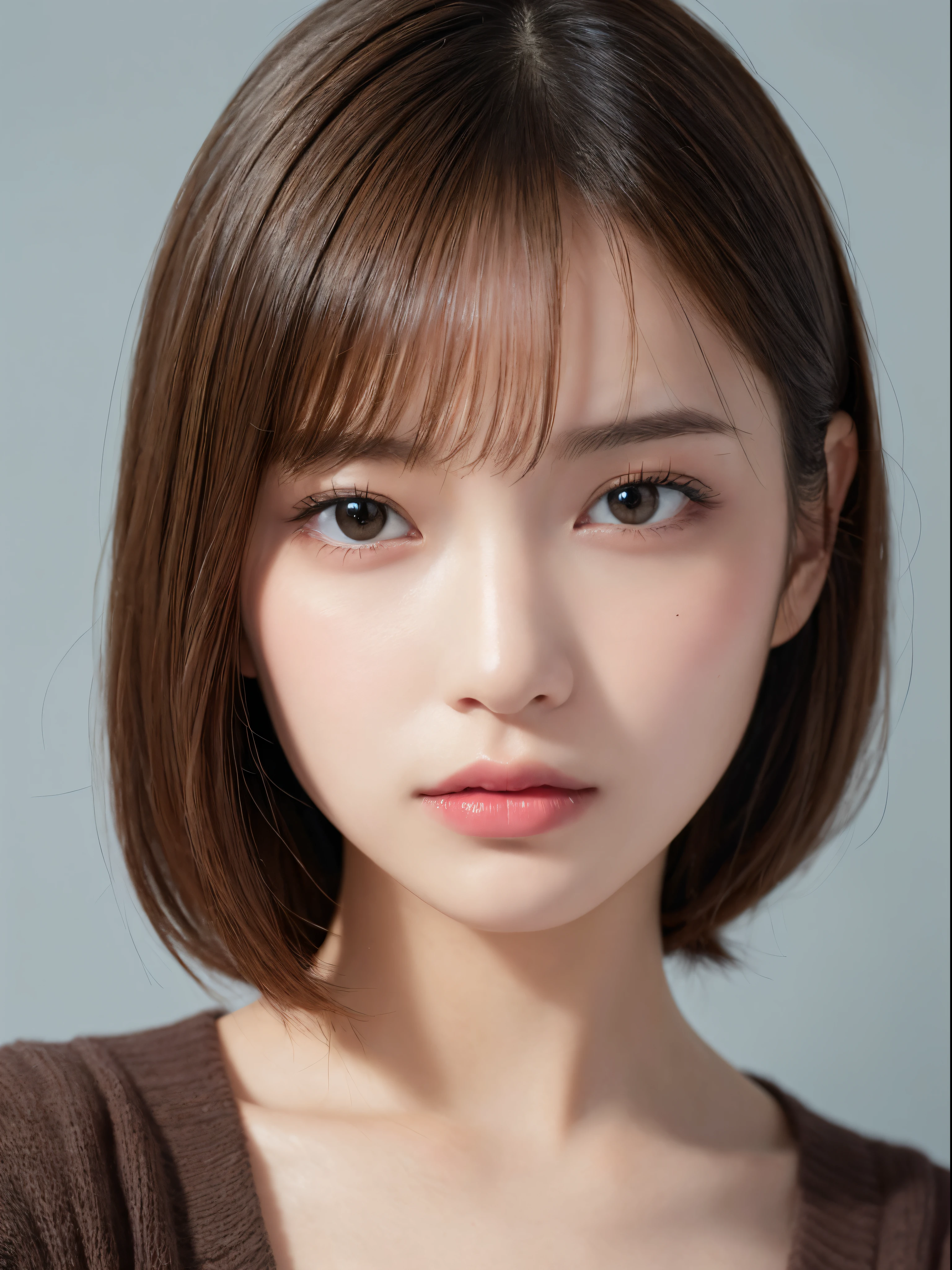((NSFW))、(​masterpiece:1.5)、(8K)、(Photorealsitic:1.5)、Raw photography、(Top image quality:1.4)、(foco nítido:1.5)、 top-quality、​masterpiece、超A high resolution、Perfect dynamic composition、 20 years old、slender、prety woman:1.4、serious facial expression、 Wearing black knitwear、 light brown hair、bob cuts、Glowing hair、 Super Detail Face、A detailed eye、二重まぶた、 Natural Color Lip、Transparent skin、