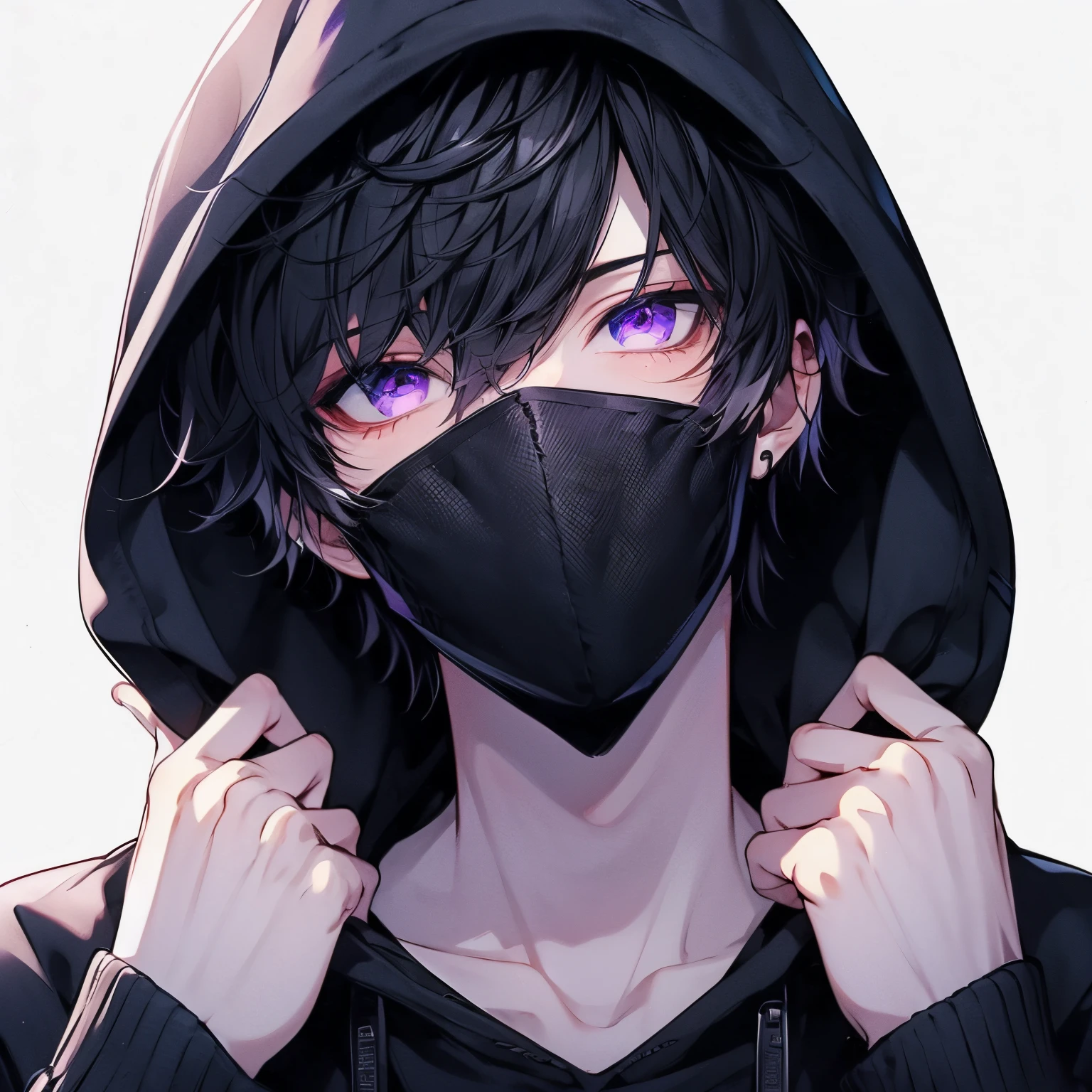Beautiful young man, black hair, purple eyes, short hair, black mask, shoulder palms covering own eyes, black hoodie, hood up,high quality, amount of drawing, pixiv illustration