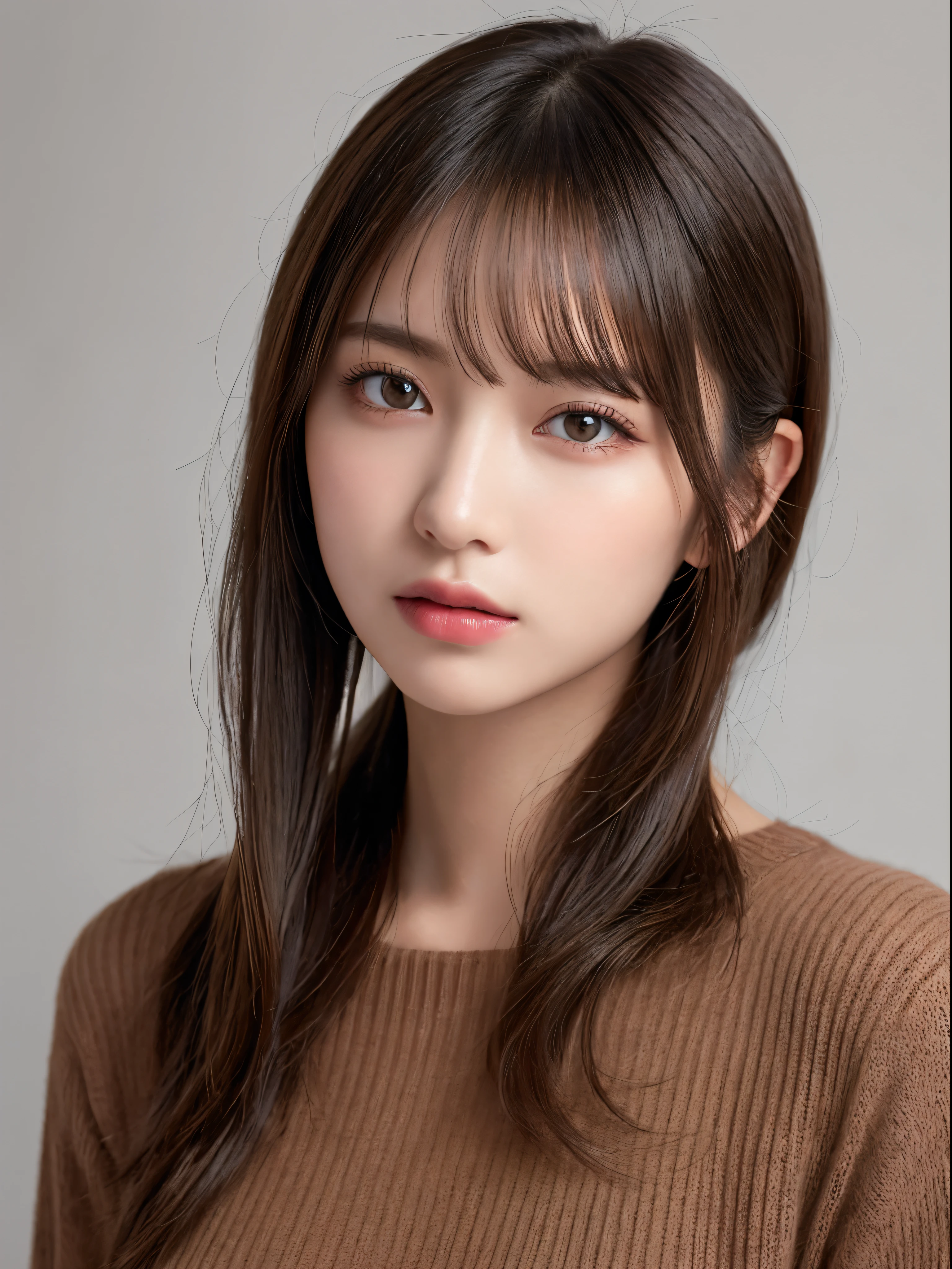 ((NSFW))、(masterpiece:1.5)、(8K)、(Photorealsitic:1.5)、Raw photography、(Top image quality:1.4)、(foco nítido:1.5)、 top-quality、masterpiece、超A high resolution、Perfect dynamic composition、 20 years old、slender、prety woman:1.4、serious facial expression、 Wearing black knitwear、 light brown hair、bob cuts、Glowing hair、 Super Detail Face、A detailed eye、二重まぶた、 Natural Color Lip、Transparent skin、
