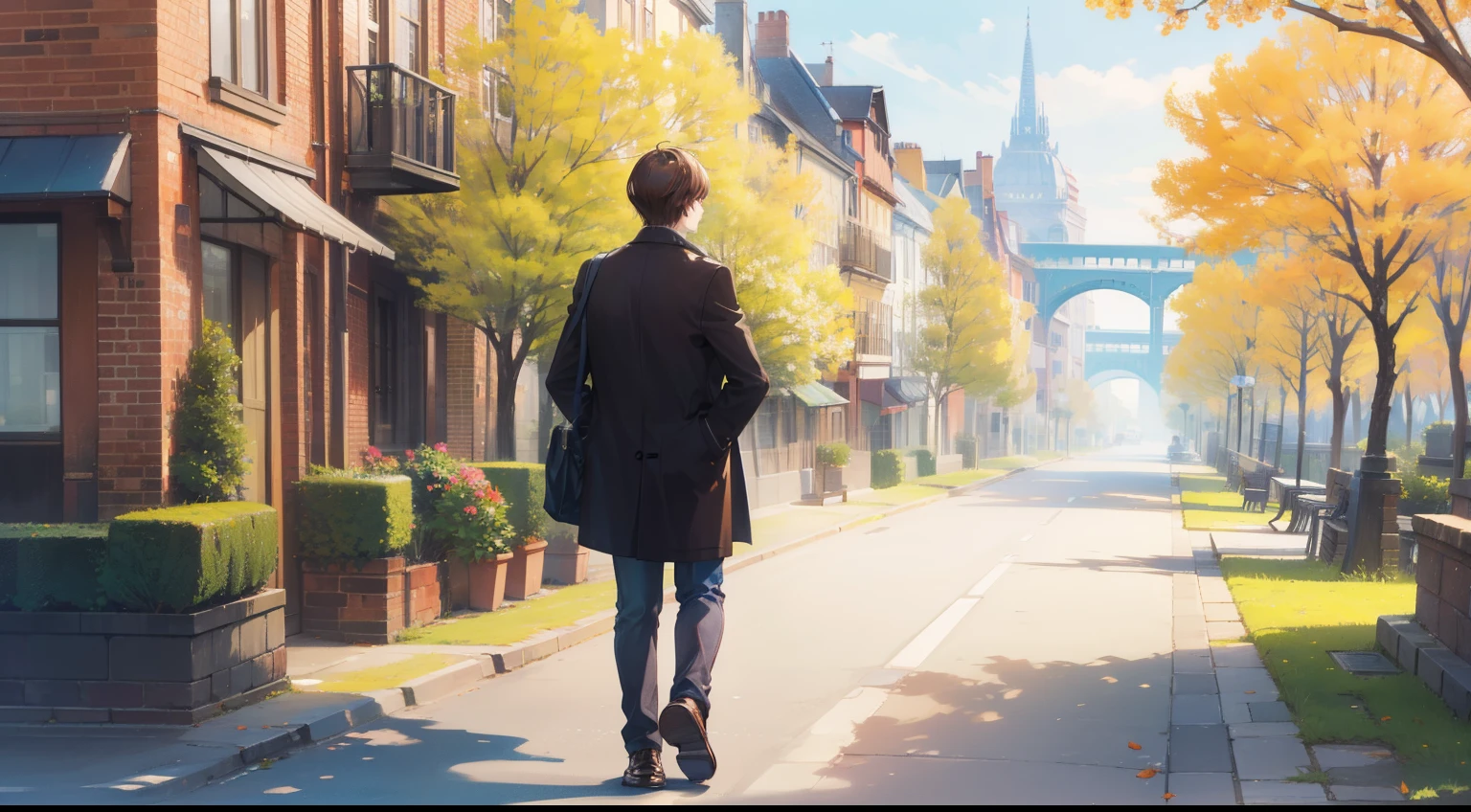 A man with short brown hair is walking through the springtime city. He is looking at the surrounding scenery. This scene would be in high definition and beautiful.