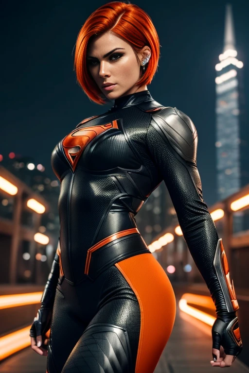 4k highly detailed realistic female superhero dressed in cropped carbon fiber, orange hair in a short undercut bob hairstyle, hair covering one eye, ((sharp Jawline)), (full body Including Legs), Seduction and fantastic poses