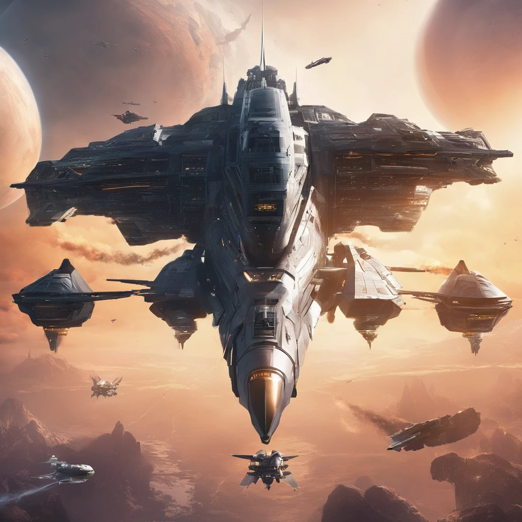 Create futuristic, hyper-emotional artworks, Imagine a city floating in the sky, with sophisticated architectural structures and advanced technologies. Paint this futuristic city with lots of details, Bright Light Capture, Suspended Platforms and Aircraft, Crossing the Sky.  Description of the Battle Shuttle of the Beithon Empire, 8K resolution, higly detailed, photo realistic The battle shuttle of the Beithon Empire is a multi-purpose space ship, designed for combat operations in space and atmosphere. It can be used to destroy enemy ships, satellites and ground objects. The shuttle has a number of advantages over other spacecraft. It has high speed and maneuverability, which allows him to effectively attack enemy targets. Besides, the shuttle has powerful weapons, which allows him to destroy targets at long distances. The Battle Shuttles of the Beithon Empire are an important element of its military power.. They are used to protect the empire from external threats and to conduct offensive operations. Technical characteristics of the Beithon Empire combat shuttle, wingspan: 13,56 m, Aircraft length: 18,90 m, Aircraft altitude: 5,09 m, Wing area: 78,04 m², Area B. AW.: 16,54 m², Area G. AW.: 12,63 m², fart: 20000 km/h Flight range: 100,000 kilometers Armament: rocket launchers, small arms crew: 2 people, Use of the Battle Shuttle of the Beithon Empire, Battle shuttles of the Beithon Empire can be used for the following purposes: Destroying enemy ships and satellites, Attacking ground targets, Ground support, reconnaissance, Delivery of troops and cargo, Battle shuttles of the Beithon Empire played an important role in several major battles, including the Beithon Empire&#39;s War of Independence and the Alliance War