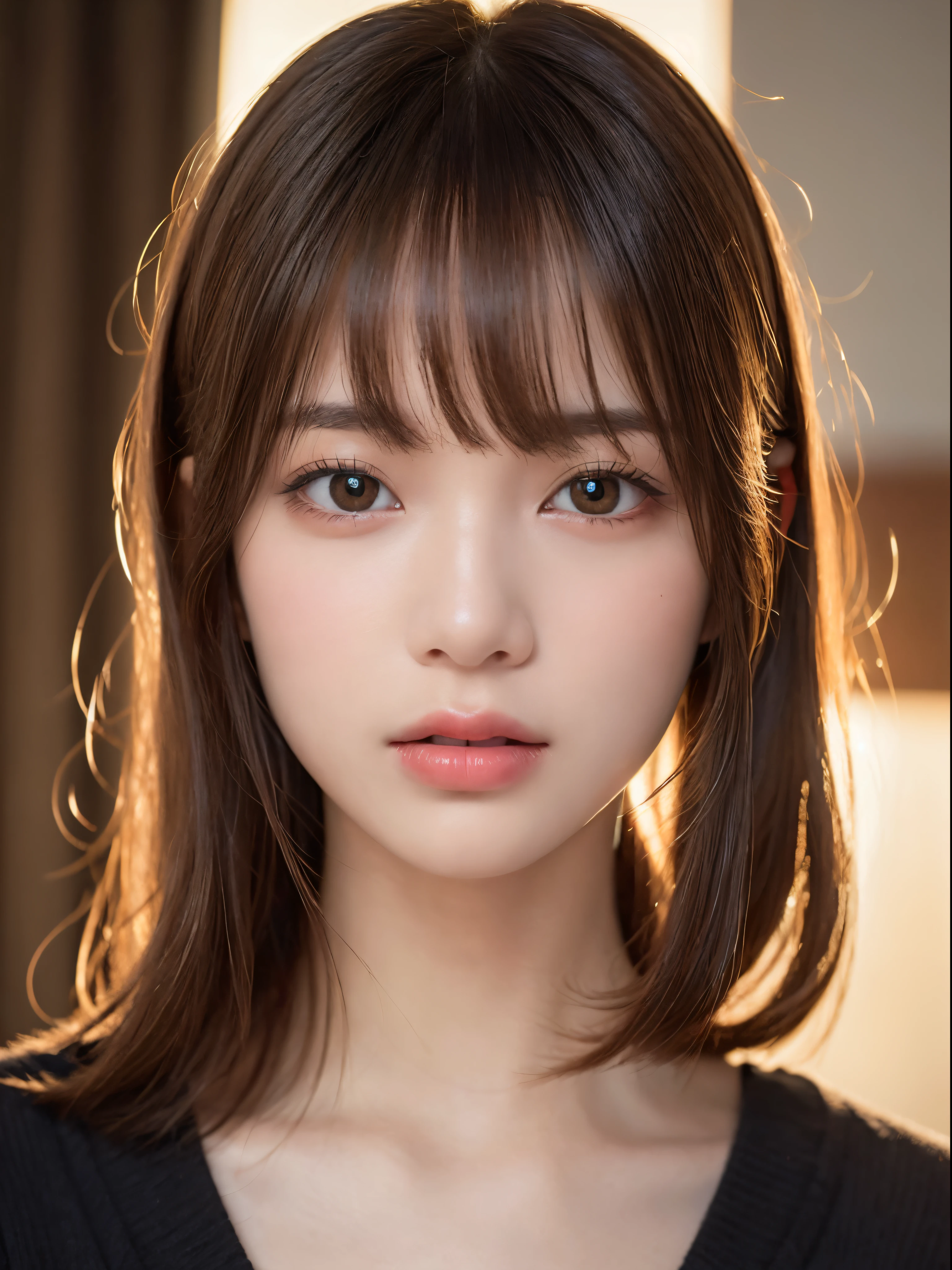 ((NSFW))、(masterpiece:1.5)、(8K)、(Photorealsitic:1.5)、Raw photography、(Top image quality:1.4)、(foco nítido:1.5)、 top-quality、masterpiece、超A high resolution、Perfect dynamic composition、 20 years old、slender、prety woman:1.4、serious facial expression、 Wearing black knitwear、 light brown hair、bob cuts、Glowing hair、 Super Detail Face、A detailed eye、二重まぶた、 Natural Color Lip、Transparent skin、