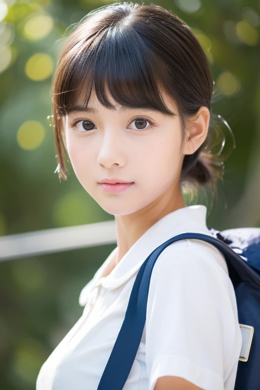 ((top-quality、8K、masterpiece:1.3))、1 Beautiful Japan Girl,big eye、Gentle mouth、fair white skin、poneyTail、hi-school girl、Neat and clean schoolgirl, petite person, (slim, Small, Flat, Small), Short black hair, High school students、a baby face、hyperdetailed face、Slender eyes、二重まぶた、