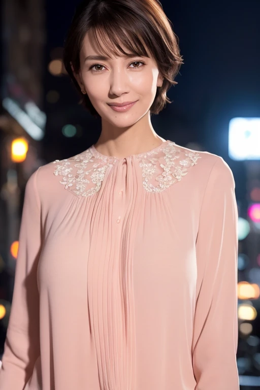 1 milf,(Wearing a light red blouse:1.2),(Raw photo, Best Quality), (Realistic, Photorealsitic:1.4), masutepiece, extremely delicate and beautiful, Extremely detailed, 2k wallpaper, amazing, finely detail, the Extremely Detailed CG Unity 8K Wallpapers, Ultra-detailed, hight resolution, Soft light, Beautiful detailed, extremely detailed eye and face, beautiful detailed nose, Beautiful detailed eyes,Cinematic lighting,city light at night,Perfect Anatomy,Slender body,Smiling,(Very short hair),(((48yo)))