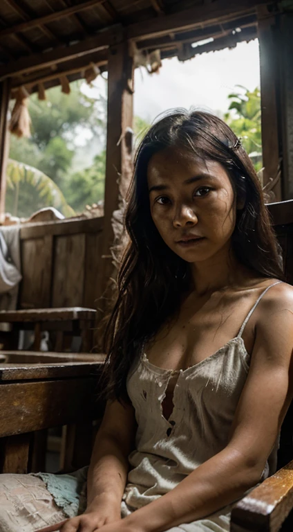 In a small Indonesian village, a 27-year-old girl with a mysterious skin condition sits in a creaky chair, her tattered white gown revealing the haunting holes in her skin. With disheveled hair, she casts an eerie presence in a horror-filled atmosphere. Sunlight seeps through the cracks of the wooden house, adding an ominous glow to the scene((Face Ultra Detail))