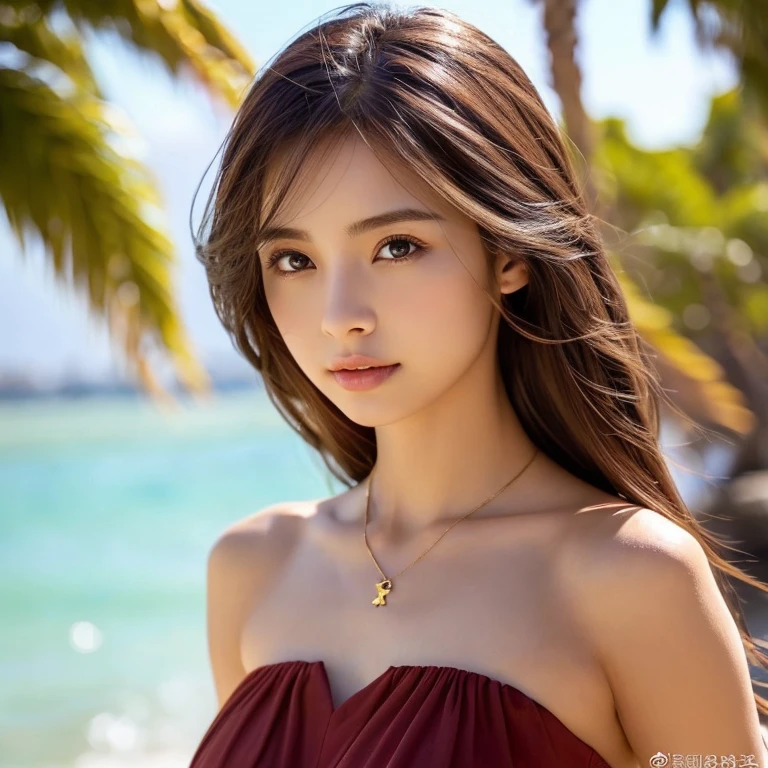 (top-quality:1.1)、(Photorealsitic:1.1)、(a picture:1.1)、(ighly detailed:1.1)、a beautiful detailed girl、(extremely detailed eye and face)、(lighting on the face)、jade necklace、Burgundy bikini、(独奏:1.2)、(shores、Palm trees)、(Skin glowing in the light of the setting sun)、Half Russian and Japanese eyes、(((Hair fluttering in strong winds)))、((Anatomically perfectly balanced style))、Cute poses、sexypose、Brown hair、barechested