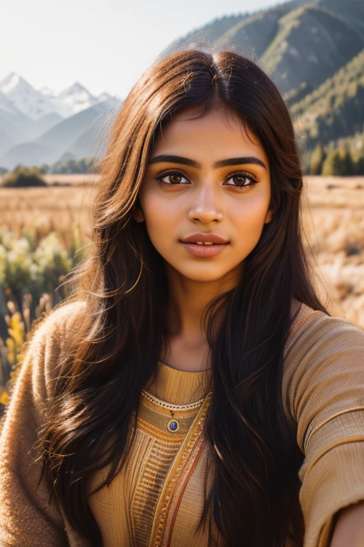 young Indian girl, fair complection, 23-year-old, green background, mountains ,village backgound ultra hd photo, happy , seductive looks, woman((upper body selfie,, masterpiece, best quality, ultra-detailed, solo, outdoors, (night), mountains, nature,, clear sky, analog style (look at viewer:1.2) (skin texture) (film grain:1.3), (warm hue, warm tone) 400 camera f1.6 lens rich colors hyper realistic lifelike texture