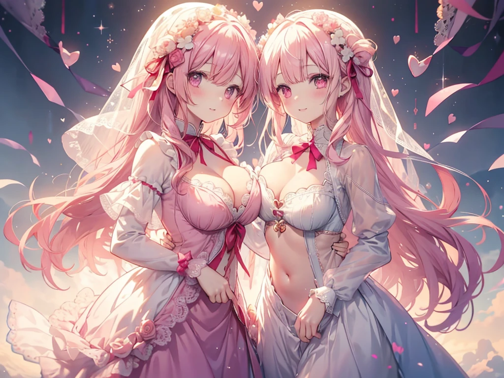 1人、encrusted with pink and red hearts、、Too large breasts、cleavage of the breast、Dress with plenty of pink heart lace.、Large ribbon、lace cape、Lace veil、Eyes of Hearts、Her pale, Soft, Long hair studded with pale hearts..、A smile、Navel Ejection、pink hearts and frills、Princess Heartluffy cute background、pale heart、Pastel tones、Collect hearts under the sunlight、heart girl