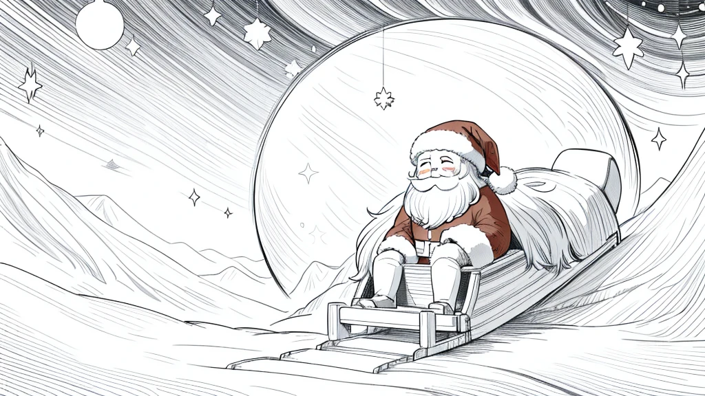 (santa claus solo:1.2)、​masterpiece、Fly through the night sky on a wooden sled、A smile、Chibi Chara、full body Esbian、monochromes、line-drawing、White background、snowscape、A delightful、Christmas atmosphere、idyllic