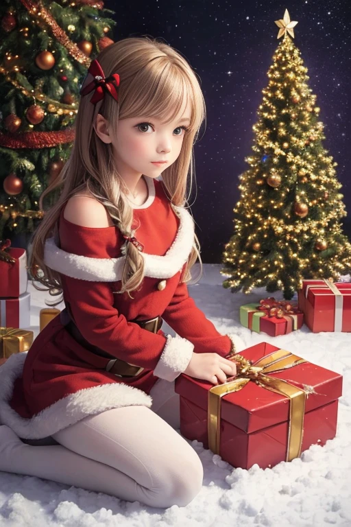 Oil painting on canvas, top shot view, 2 girls, cute girls in santa claus costume, 10 yo, snowy night, reindeer ๐ฆ, close-up view, dance on snow, dozen of gifts boxes squattering around, many many gifts ๐๐๐๐๐๐, purple sky, milky way, weaving golden hair, Christmas trees ๐ ๐ ๐ ๐ ๐ ๐, Christmas eve, ((epic oil painting)), highly detailed, dramatic hazy light, in style of Norman Rockwell, carne Griffiths;