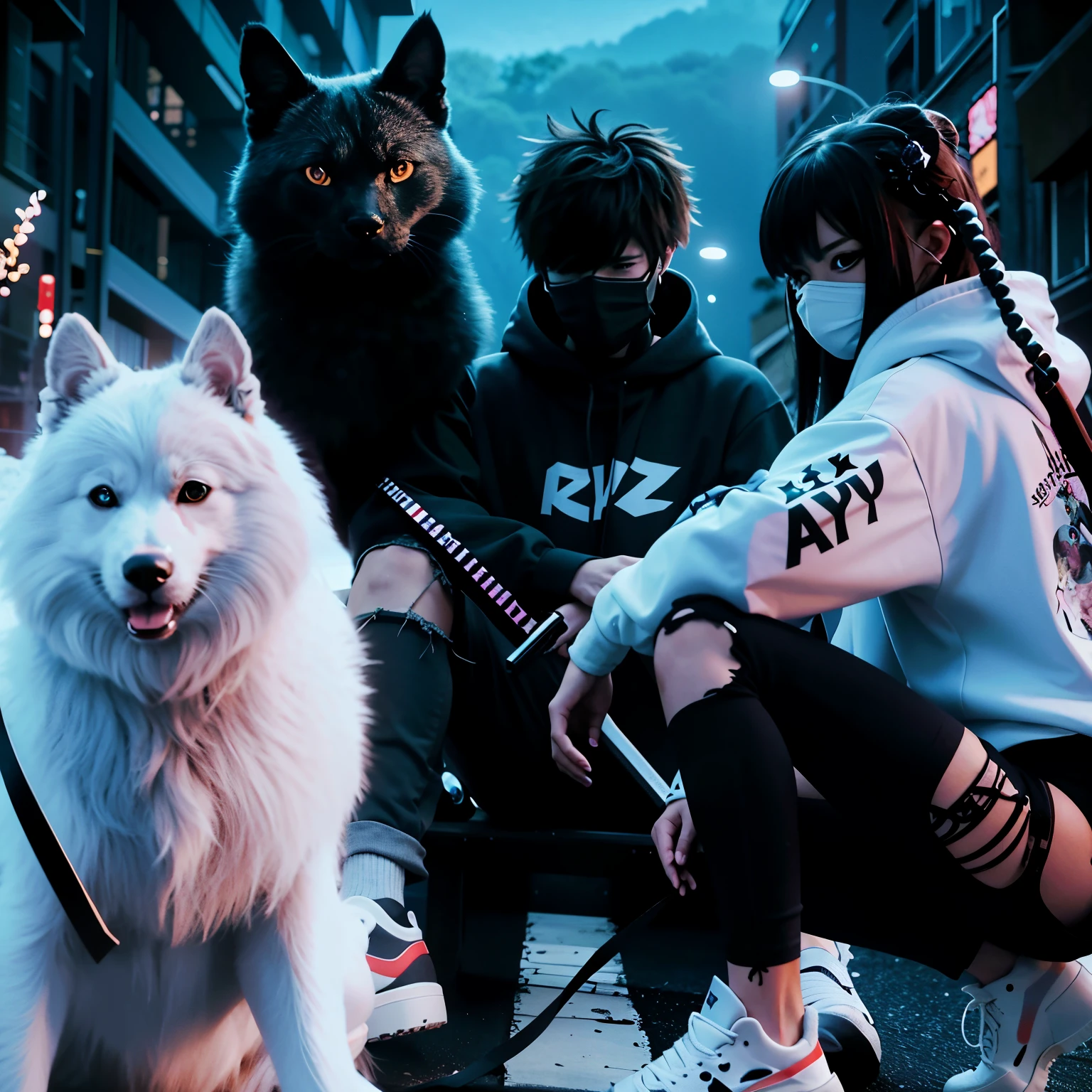 anime characters sitting on a bench with a dog and a cat, anime style 4 k, anime style. 8k, badass anime 8 k, anime styled, epic anime style, anime style mixed with fujifilm, anime asthetic, style anime, modern anime style, anime style, anime style only, anime wallpaper 4k, anime wallpaper 4 k, anime styled 3d