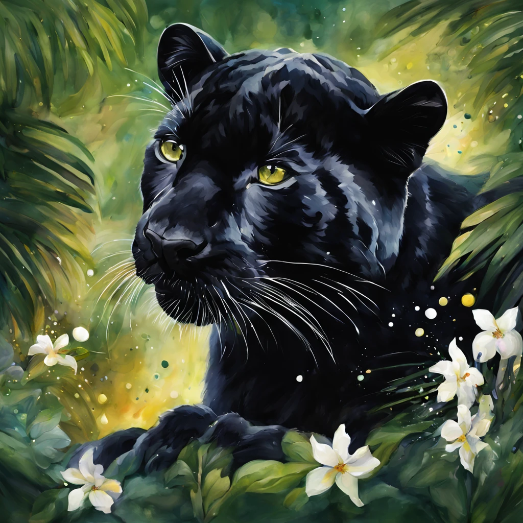 Beautiful black panther cub sits down, abstraction jungle backdrop, floral, fantasy, african style, beautiful, realistic, green, white, golden fibers, drops, balls, swirls, sparks, high octane, watercolor paint, a closeup of a