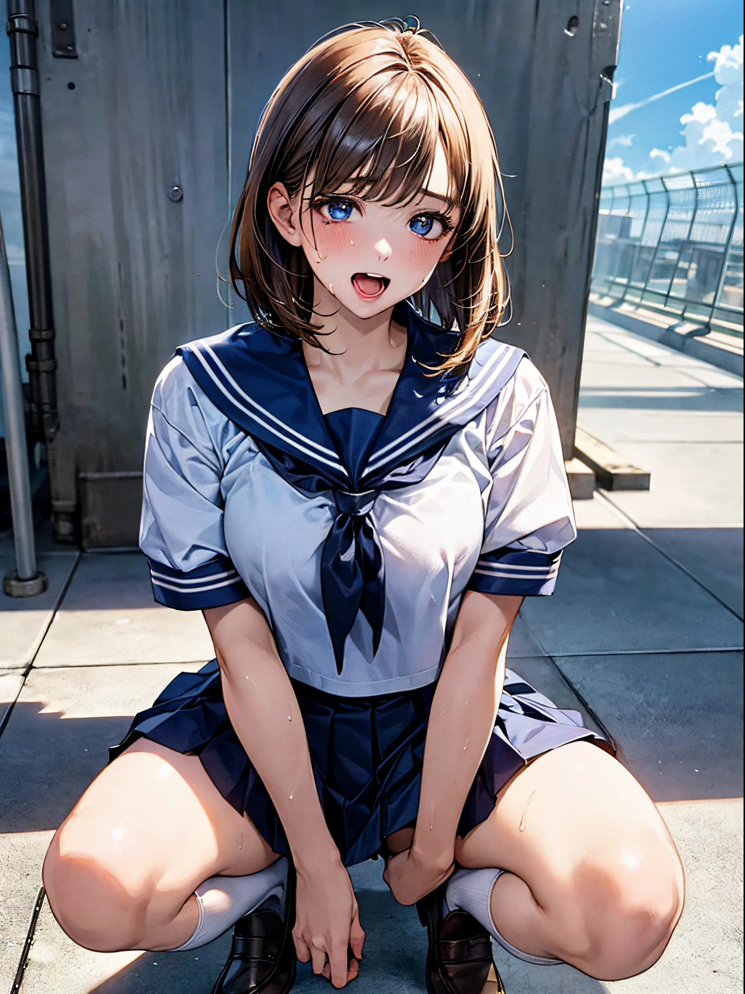 (((perfect anatomy, anatomically correct, super detailed skin))), 1 girl, japanese, high school girl, shiny skin, watching the viewer, 
beautiful hair, beautiful face, beautiful detailed eyes, (short hair:1.1, bob cut:1.2), dark blonde hair:1, blue eyes, face, mole under eye, 
beautiful clavicle, beautiful body, beautiful breasts, large breasts:0.5, beautiful thighs, beautiful legs, 
((short sleeves, all navy cute sailor suit, navy pleated skirt, navy sailor collar, blue sailor scarf, socks, brown loafers)), seductive thighs, , 
((ahegao, ashamed, droolng, open mouth, sweaty)), ((squatting, spread legs, hand in panties, lifting skirt myself)), 
(beautiful scenery), summer, school rooftop, building, chain-link fence, 
8k, top quality, masterpiece​:1.2, extremely detailed), (photorealistic), beautiful illustration, natural lighting, ,