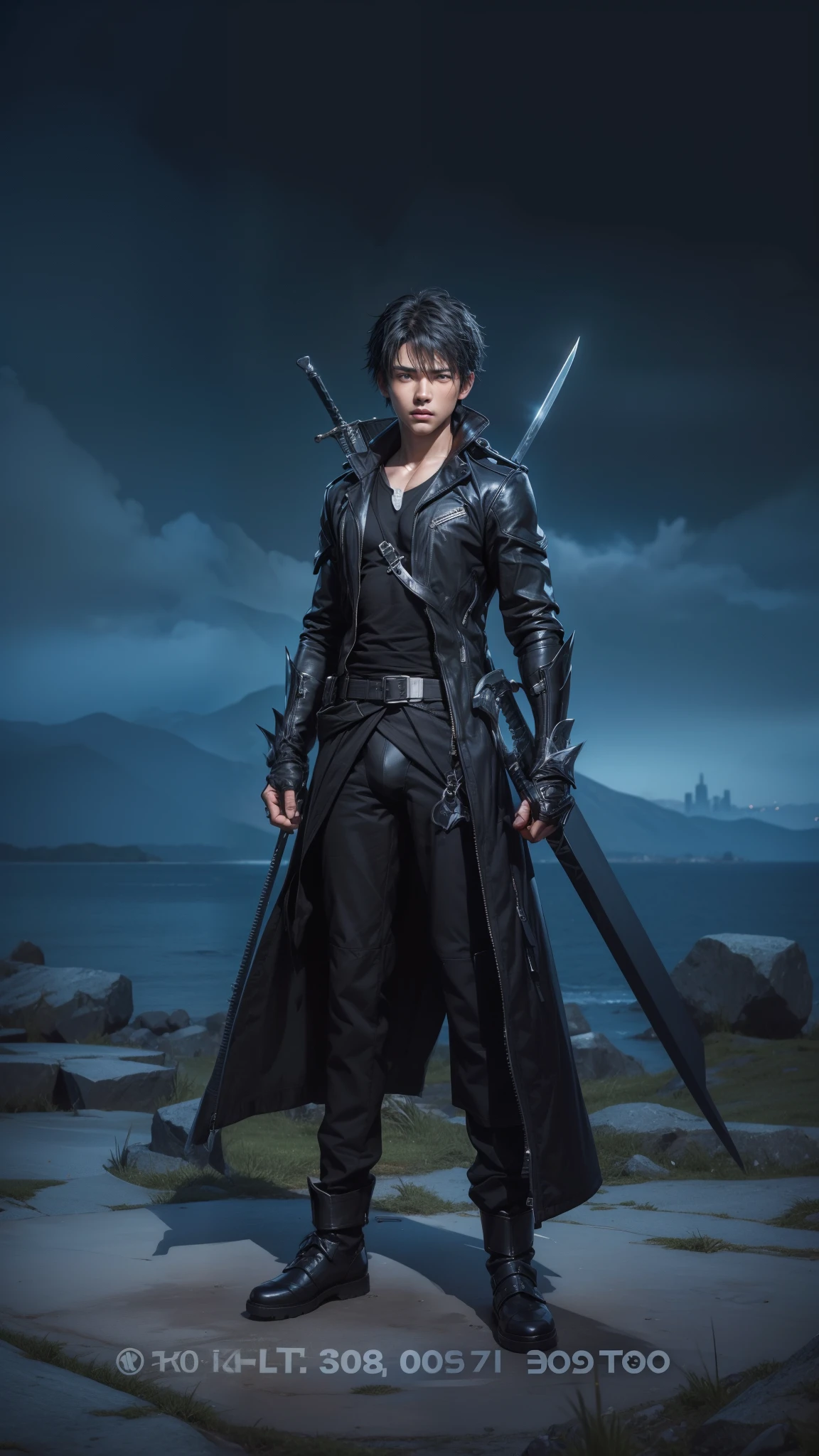 maximum resolution: 1.2), (Ultra HDTV: 1.2), 8K resolution, Eye and skin details, face details, , (Sharp focus: 1, 2), (Precise focuacial expressions: 1,2), 1 Right guy, 18-20 years old, Kirito character, Black hair, 2 Swords on his back, (Naked), Natural skin, No hair, Perfect muscles, 6 pack, Sweat on stomach and chest, Black transparent briefs