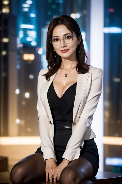 hight resolution, extremely detailed photo, hyper realstic, Professional Lighting, detailed bust, 8k wallpaper, masutepiece, Best Quality, ((1 milf)), (((48yo))), Long, Look at viewers, Business suits, The shirt, Silver-rimmed glasses, Earring, a necklace, pantyhose, well-shaped bust, bokeh dof, Arms Down, Breasts squeezed together