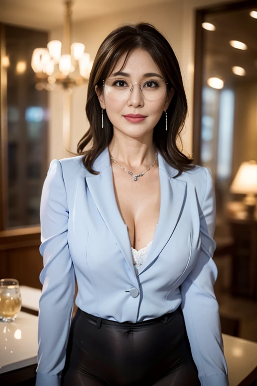 hight resolution, extremely detailed photo, hyper realstic, Professional Lighting, detailed bust, 8k wallpaper, masutepiece, Best Quality, ((1 milf)), (((48yo))), Long, Look at viewers, Business suits, The shirt, Silver-rimmed glasses, Earring, a necklace, pantyhose, well-shaped bust, bokeh dof, Arms Down, Breasts squeezed together