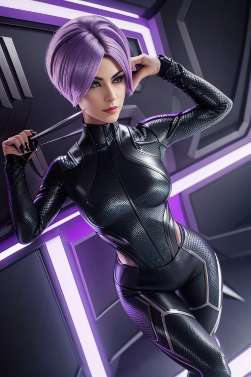 4k highly detailed realistic female supervillain dressed in cropped carbon fiber, lilac hair in a short undercut bob hairstyle, hair covering one eye, ((sharp Jawline)), (full body Including Legs), Seduction and fantastic poses