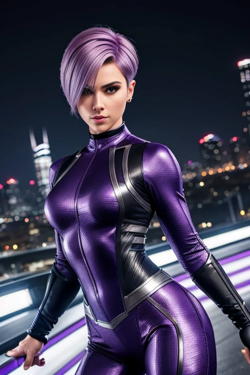 4k highly detailed realistic female superhero dressed in cropped carbon fiber, lilac hair in a short undercut bob hairstyle, hair covering one eye, ((sharp Jawline)), (full body Including Legs), Seduction and fantastic poses