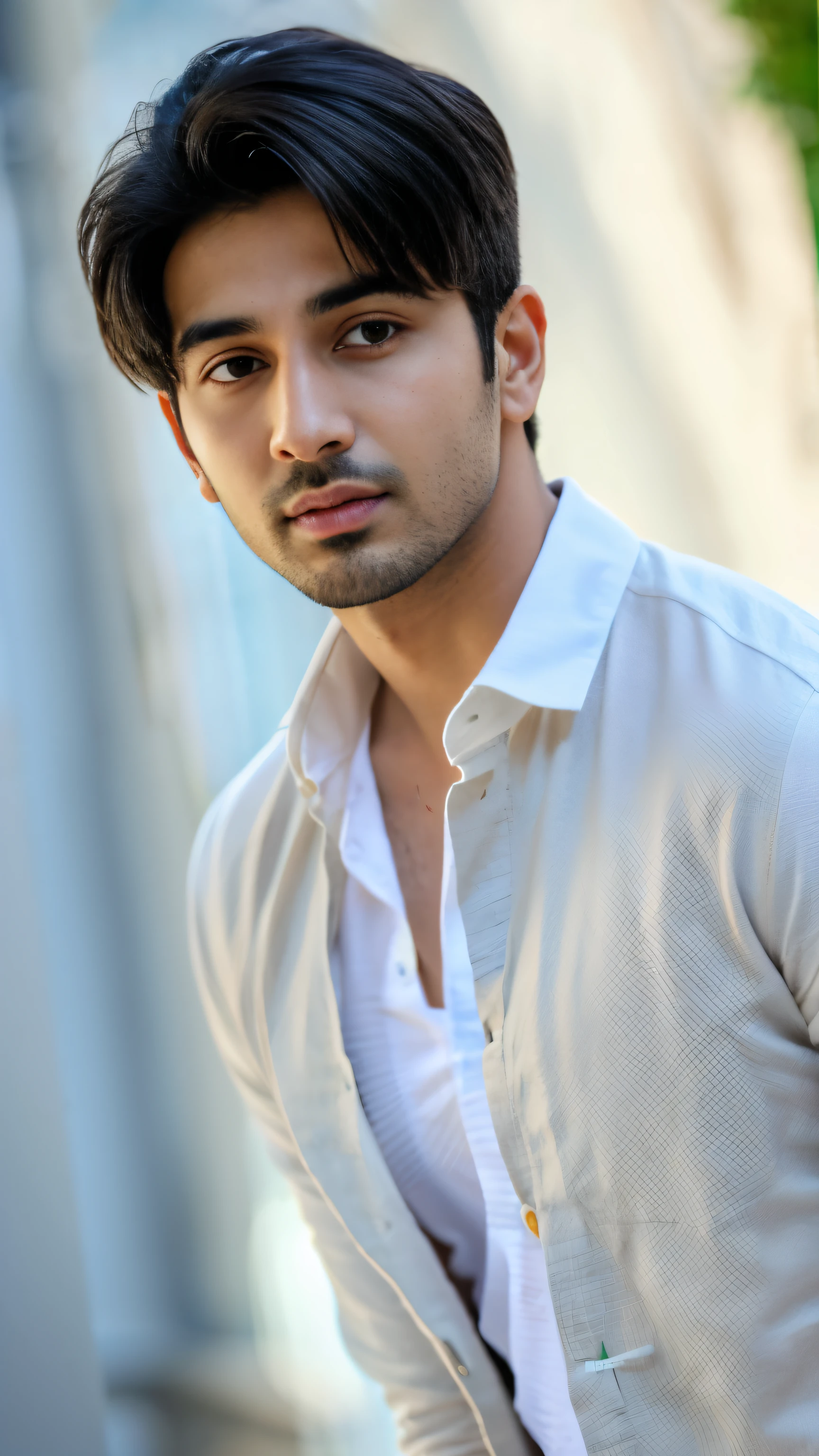Create a Handsome boy name "Aarav Khanna" age 22 wearing white cloth looking to the camera