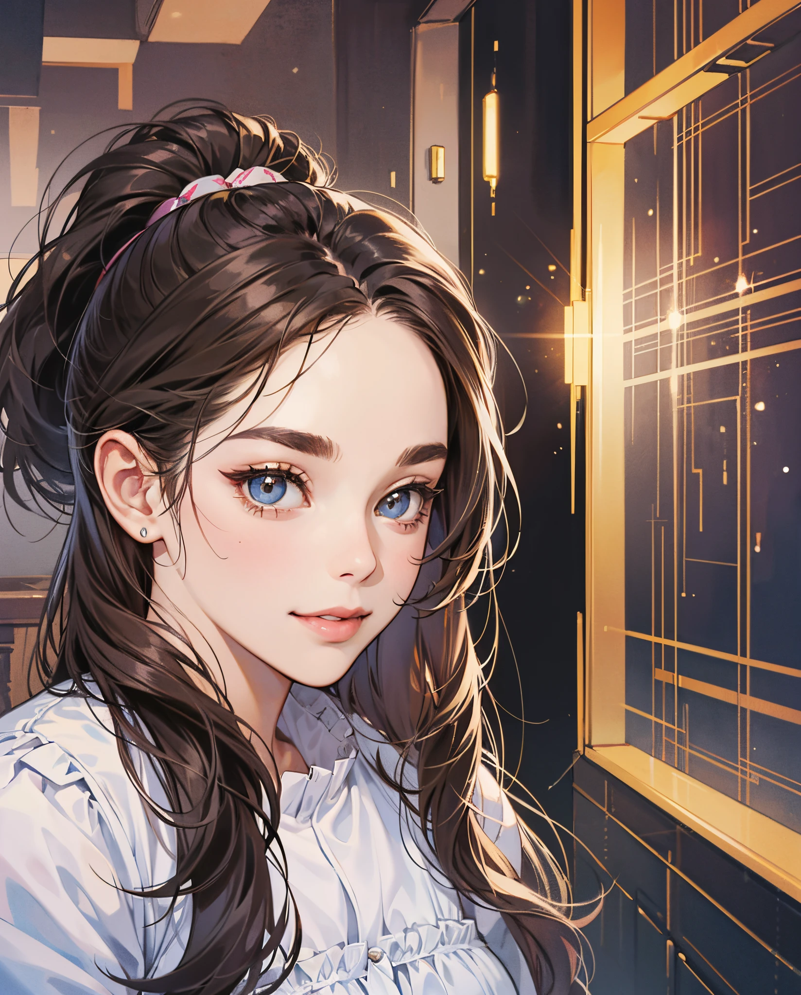 （tmasterpiece，quality，best qualtiy，offcial art，Beauty and aesthetics：1.2），（1girl：1.3），(Medium build，slightly petite ：1.4),Complex design，（bright smile，large and bright eyes，slightly curved eyebrows，round cheeks and sweet smile：1.3），（hair long and smooth，brown or black，pony tails），（Comfortable and  to wear），Fixed character image --auto --s2