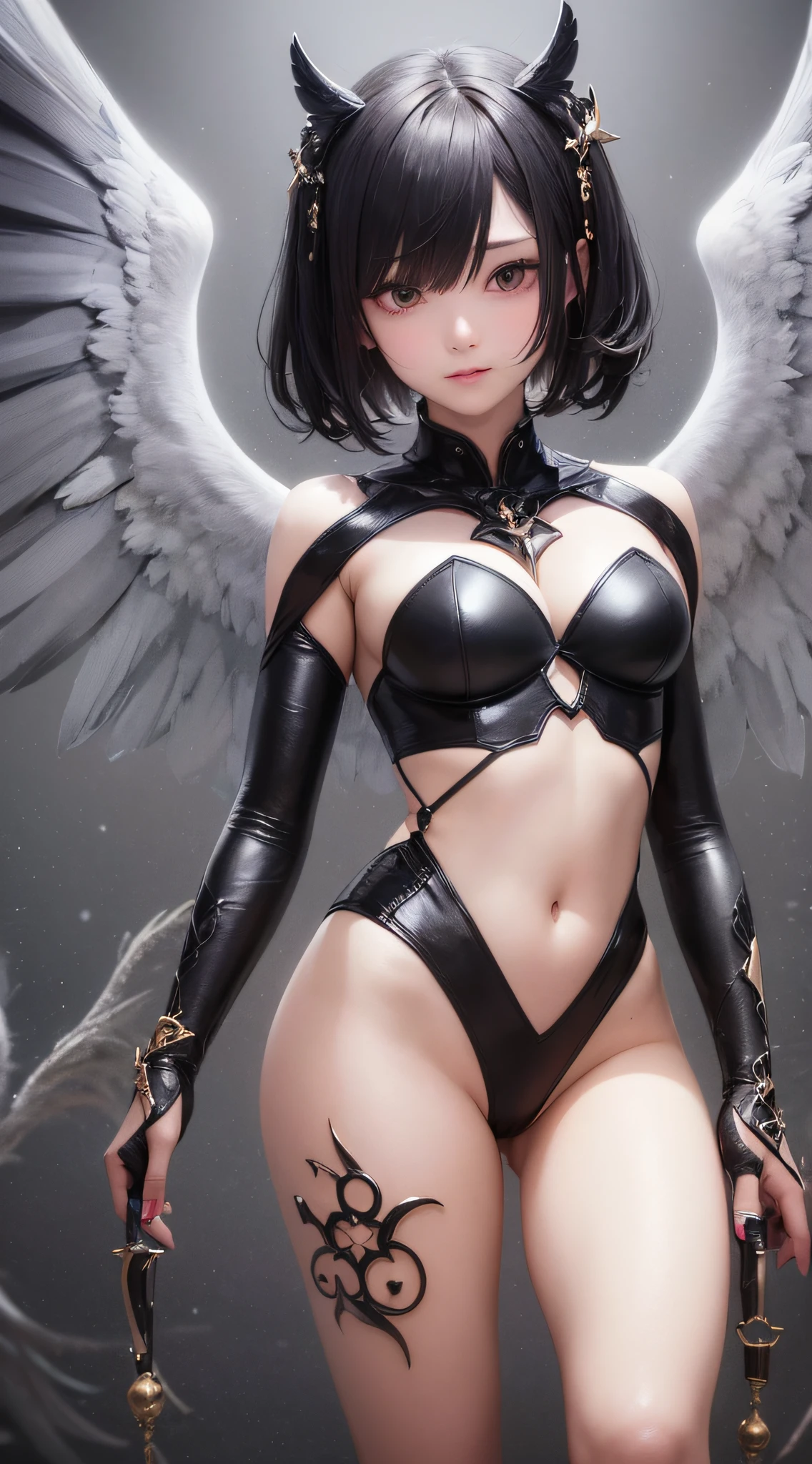 (a closeup:1.4)、(Raw photography:1.2)、(Photorealsitic:1.4)、(masterpiece:1.3)、(top-quality:1.4)、(Beautiful woman with perfect body:1.4)、独奏、7headed body、(cute face)、(kawaii:1.2)、(FULL BODYSHOT)、(middlebreasts:1.3)、(beautifully detailed eyes)、(charming big eyes)、(beautiful double eyelid)、(beautiful and detailed face)、(short-hair:1.2)、(Fantasia、Magic Effects、summoner:1.3)、(Angel wings:1.2)、heavy wind、see -through、Wet、short-hair、Dark hair、A slender、Small buttocks、beauty legs、Skinny Legs、surrealism、Cinematic lighting、depth of fields、One-person viewpoint、nffsw、masutepiece、ccurate、(perfect anatomia:1.2)、Textured skin、Super Detail、high details、hightquality、Best Quality、hight resolution、in 8K、