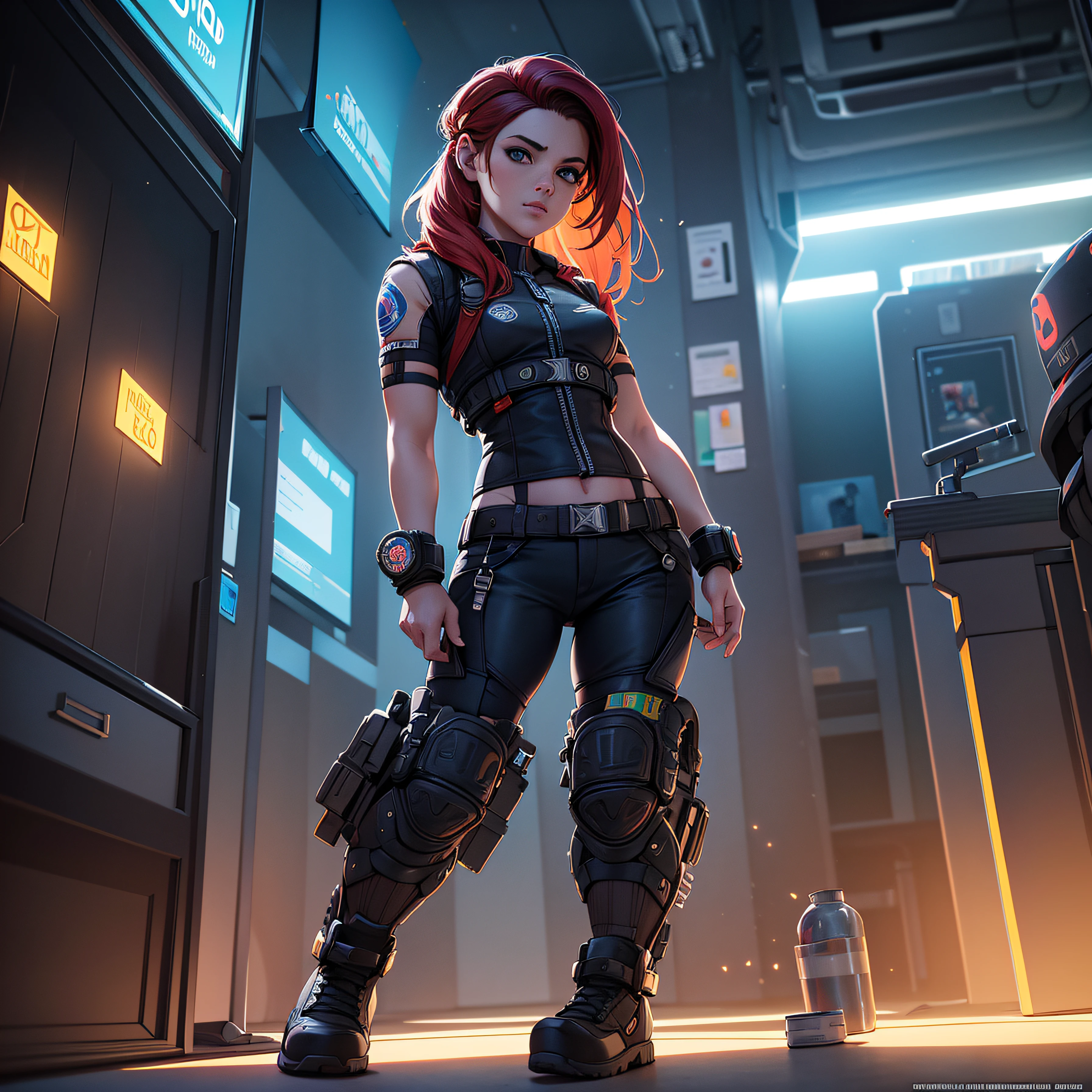 detallado, colores planos solamente, illustration, arte lineal, acuarela: 0.8, mejor calidad, antecedentes detallados, primer plano de la cabeza y los hombros de una joven, guerrera espacial, con uniforme estilo gears of war con minifalda muy corta, piernas musculadas, cabello pelirrojo , trenzas gemelas, tatuajes, actitud dinamica, en el centro de control de nave espacial con instrumentos y ordenadores y luces led de diferentes colores muy tecnologico, sidelit, dramatic illumination, sombras profundas, imagen nitida bien definida 8k. los edificios llegan alta el fondo.,8k. imagen cinematografica, renderizado 3d. (detalles intrincados de la maquina)