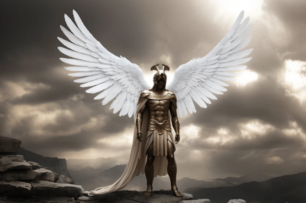 arafed homme vêtu d'un costume avec des ailes debout sur un rocher, Ange biblique précis, humain ailé, Full - Corps Majestic Angel, L’ange protège l’homme, Grandes ailes d’ange grandes ouvertes, Ailes d’ange épiques, Ange en armure de plastique, ailes d'ange massives, port d’un casque ailé, ailé, archange, Ophanim a des ailes d’oiseau, Dieu grec, Archange Michael