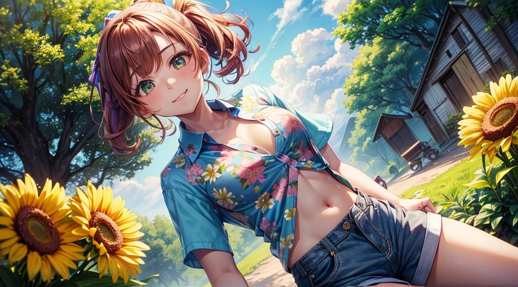 (masterpiece), best quality, expressive eyes, perfect face, light blue sundress, big breasts, cleavage, dimples, freckles, sitting in field, hand in hair, short auburn hair, messy bun, bangs, smiling, open mouth, eyes closed, happy, black trainers, grntnk woman <lora:gruntnkStyle:1> <lora:wowifierXL:0.3>