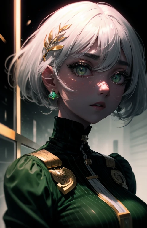 ultra realistic, masterpiece, best quality, ultra-detailed, illustration, 1girl, miwa, white hair, bobcut, emerald green eyes, glittery eyes, (close-up:0.5), straight on, face focus , highly detailed skin, standing, looking at viewer, black eyeliner, smokey eyes, (3D:0.5)