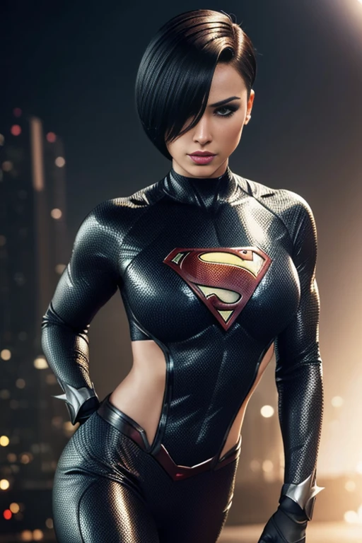 4k highly detailed realistic female superhero dressed in cropped carbon fiber, cherise hair in a short undercut bob hairstyle, hair covering one eye, ((sharp Jawline)), (full body Including Legs), Seduction and fantastic poses