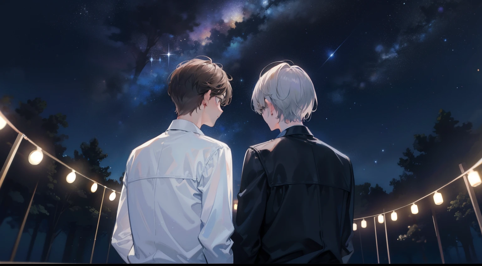 Two men, one with short brown hair and the other with short silver hair, are looking up at the starry night sky. The scene is in high definition.