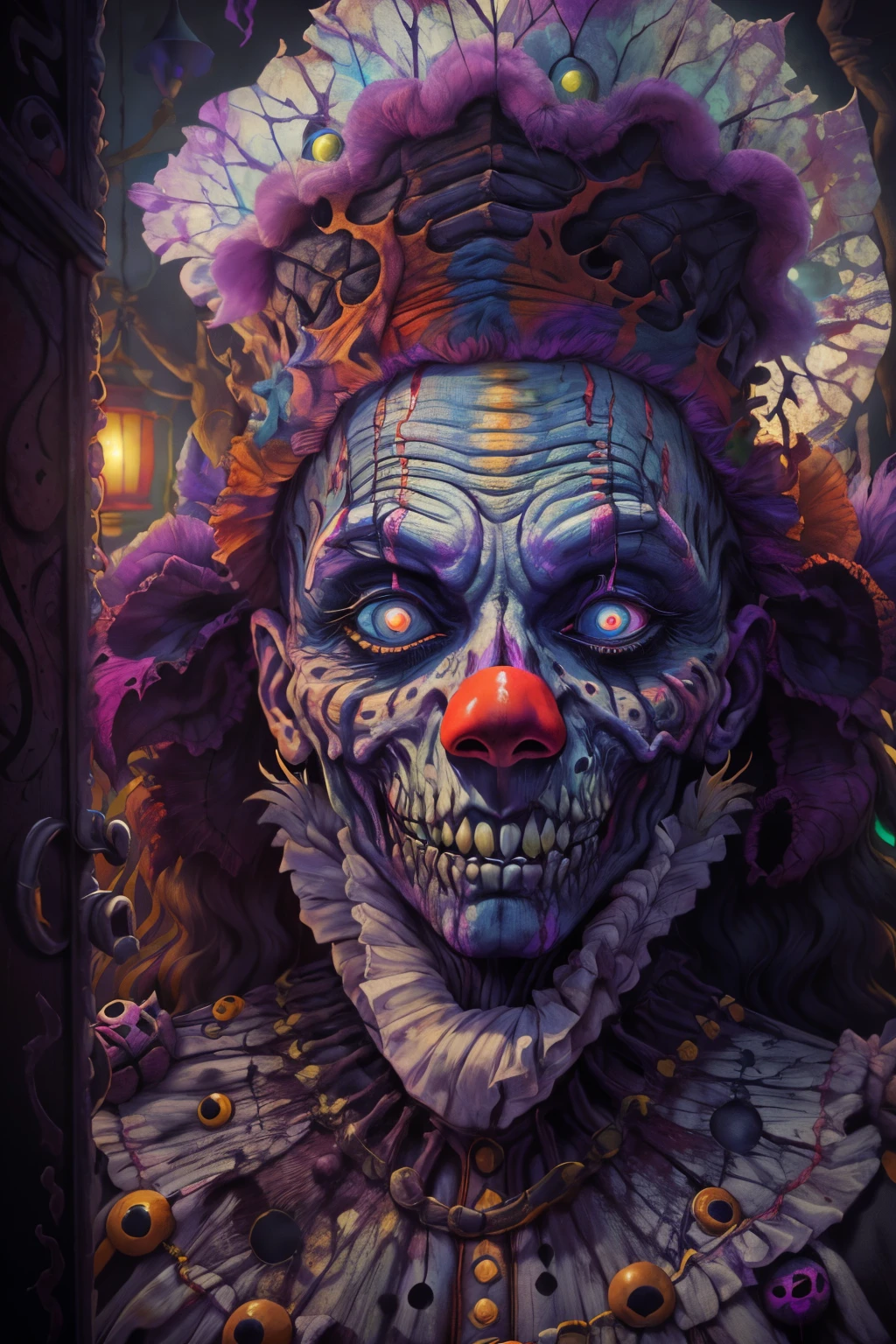 (best quality,4k,8k,highres,masterpiece:1.2),ultra-detailed,horror,creepy Halloween clown with a bone-chilling smile, detailed facial features, menacing gaze, intricate face paint, unforgettable eyes, eerie smile, dark and twisted colors, contrasting shadows and highlights, atmospheric lighting, spine-chilling background details. There a large mask with a toothy face on top, a ferocious carnival freak, hallucinatory art.