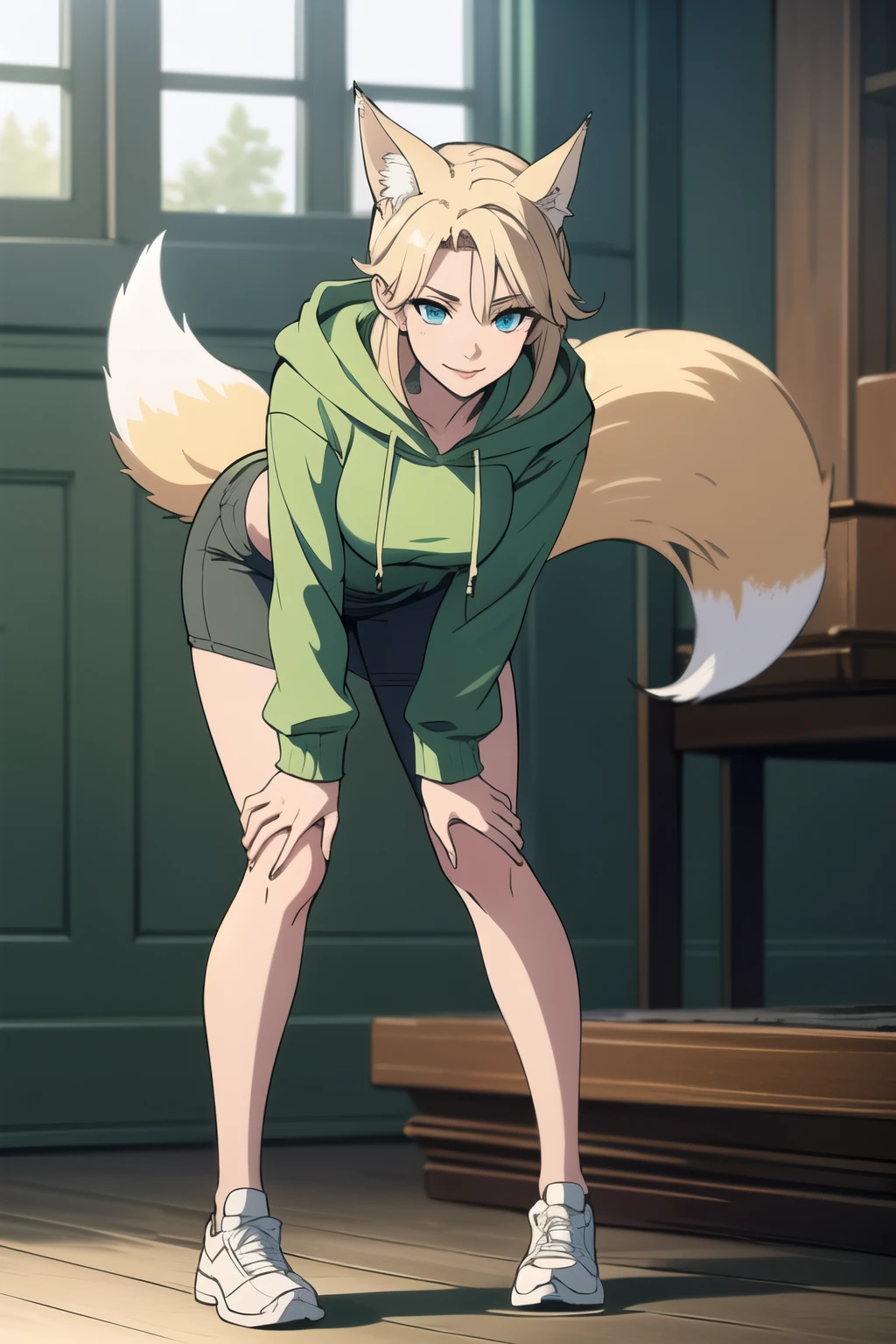 Beautiful 1girl, full body, teenager, solo, (very long waist length blonde hair, straight blonde hair: 1.28), ((light blue eyes)), clear skin, (large darker fox ears: 1.35), pale skin, medium breasts, (thin hips, thin waist , athletic body: 1.25), mischievous smile, looking away, (wearing a big oversized green hoodie: 1.5), (hands on knees, bending over: 1.6), 4k textures, soft light, elegant, highly detailed, sharp focus, soothing tones,