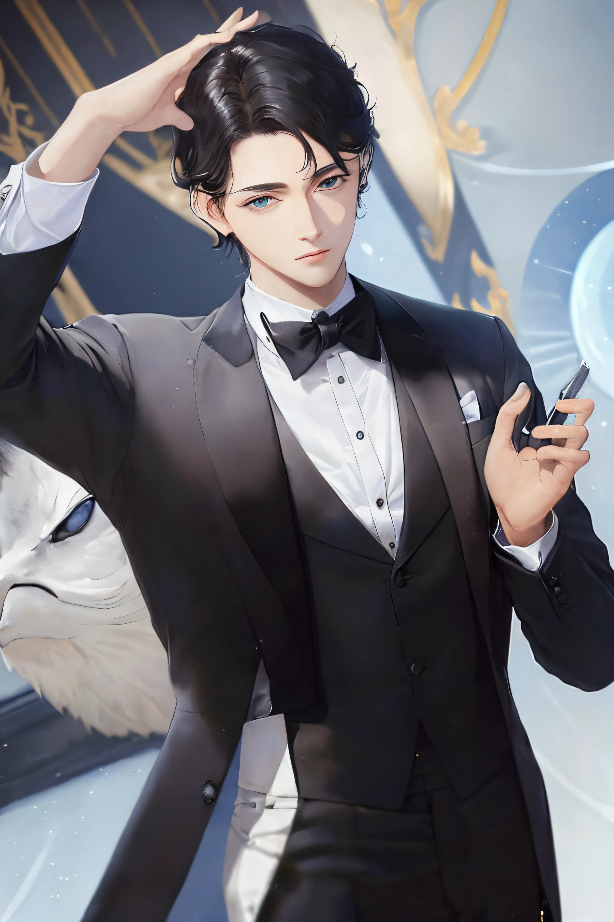 (masterpiece:1.2), (top-quality:1.2), perfect eyes, face perfect, Perfect litthing, young aristocrat, butler, Short black hair, Sense of cleanliness, Thick lashes, Black tuxedo