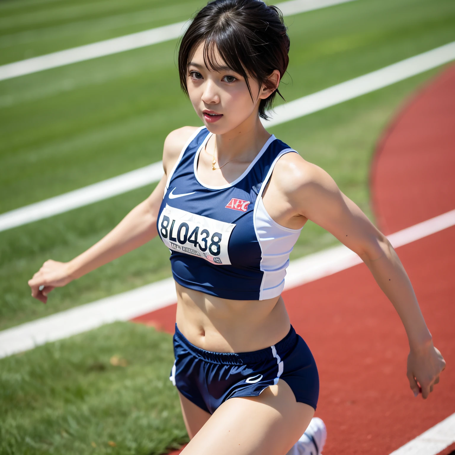 Best-quality, Masterpiece, Ultra-High-Resolution, (Photorealistic:1.4), Raw-Photo, Extremely-Details, Perfect-Anatomy,
1girl, the most famous Japanese idol, running at track and field stadium,
wearing matching track and field's sleeveless colorful uniform, extremely cute face like a popular Japanese idol, extremely beautiful big black solid circle eyes, extremely beautiful black short-cut-haired, extremely beautiful white skins, extremely beautiful arms, extremely beautiful fingers, extremely beautiful thighs, extremely beautiful legs,
detailed cute face, detailed beautiful big black solid circle eyes, detailed beautiful black short-cut-haired, detailed beautiful white skins, detailed beautiful arms, detailed beautiful fingers, detailed beautiful thighs, detailed beautiful legs, detailed matching track and field's sleeveless colorful uniform, detailed track and field stadium