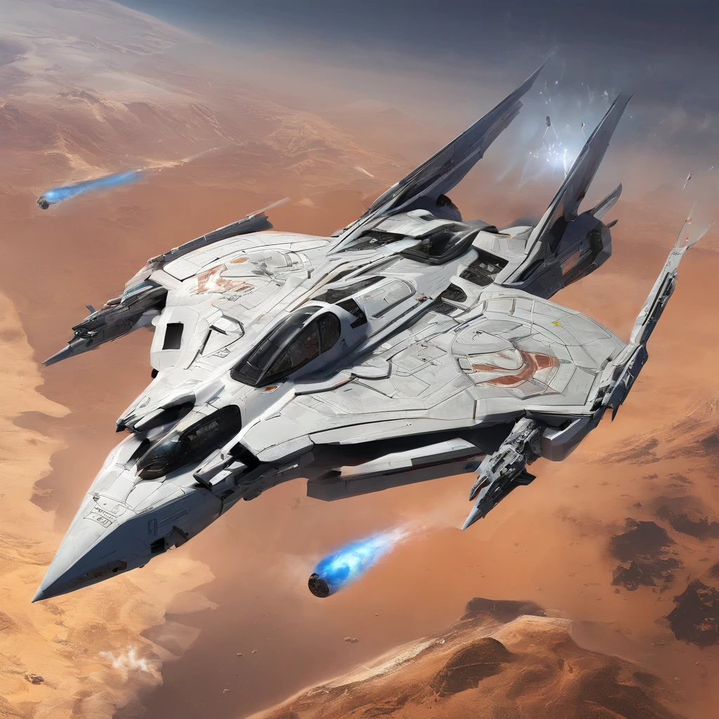 Create futuristic, hyper-emotional artworks, with sophisticated advanced technologies. Color this futuristic fighter orbital plane with tons of detail, Bright Light Capture, flying machines, Crossing the Sky. combat shuttle, space fighter, orbital plane, Beithon Empire, 8K resolution, higly detailed, photo realistic The combat space fighter of the Beiton Empire is a multi-purpose spacecraft, designed for combat operations in space and atmosphere. It can be used to destroy enemy ships, satellites and ground objects. a space fighter has a number of advantages over other spacecraft. It has high speed and maneuverability, which allows him to effectively attack enemy targets. Besides, The shuttle space fighter has powerful weapons, which allows him to destroy targets at long distances. Battle shuttles - the space fighter of the Beithon Empire are an important element of its military power. They are used to protect the empire from external threats and to conduct offensive operations. Technical characteristics of the combat space fighter of the Beiton Empire, wingspan: 13,56 m, Aircraft length: 18,90 m, Aircraft altitude: 5,09 m, Wing area: 78,04 m², Area B. AW.: 16,54 m², Area G. AW.: 12,63 m², fart: 20000 km/h Flight range: 100,000 kilometers Armament: rocket launchers, small arms crew: 2 people, Use of the Battle Shuttle of the Beithon Empire, Battle shuttles of the Beithon Empire can be used for the following purposes: Destroying enemy ships and satellites, Attacking ground targets, Ground support, reconnaissance, Delivery of troops and cargo, Battle shuttles of the Beithon Empire played an important role in several major battles, including the Beithon Empire's War of Independence and the Alliance War.