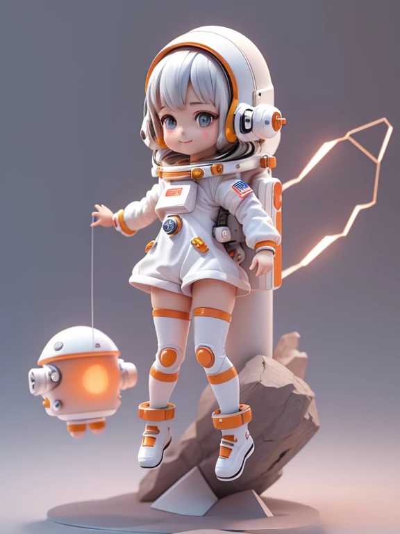 Cute girl on a spaceship, Cute pose with smile ,Orange and white colors, Silvery hair, (Cute Astronaut: 1.331), cute-style, Small, Big head, 3D Rendering, ((Q version)), Machine Style, cinematic texture, figures, Pokémon, movie lights, Heavy Robot Arm, Mechanical belly, mechanical legs, mechanical legs, mechanical sense, spinning, Colorful lightning, Lightning, Cool, Clean white background, Ray tracing, Premium Color, Full Body 3D Model, action, Stylish blind box toys. (Filled Body:1.2),Chibi
