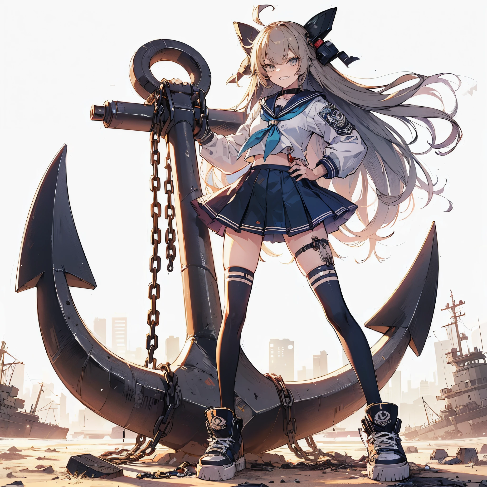 (masutepiece, Best Quality), (Perfect athlete body:1.2), (detailed hairs), Ultra-detailed, Anime style, Full body, Solo, cyberpunk sailor girl, with a huge anchor, shaped teeth, Black hair, blond eyes, Wearing sneakers, Standing in the wasteland, 8K High Resolution, White background, Whole body,