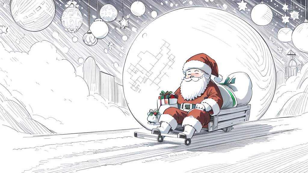 (santa claus solo:1.2)、​masterpiece、Fly through the night sky on a wooden sled、A smile、Chibi Chara、full body Esbian、monochromes、line-drawing、White background、snowscape、A delightful、Christmas atmosphere、idyllic