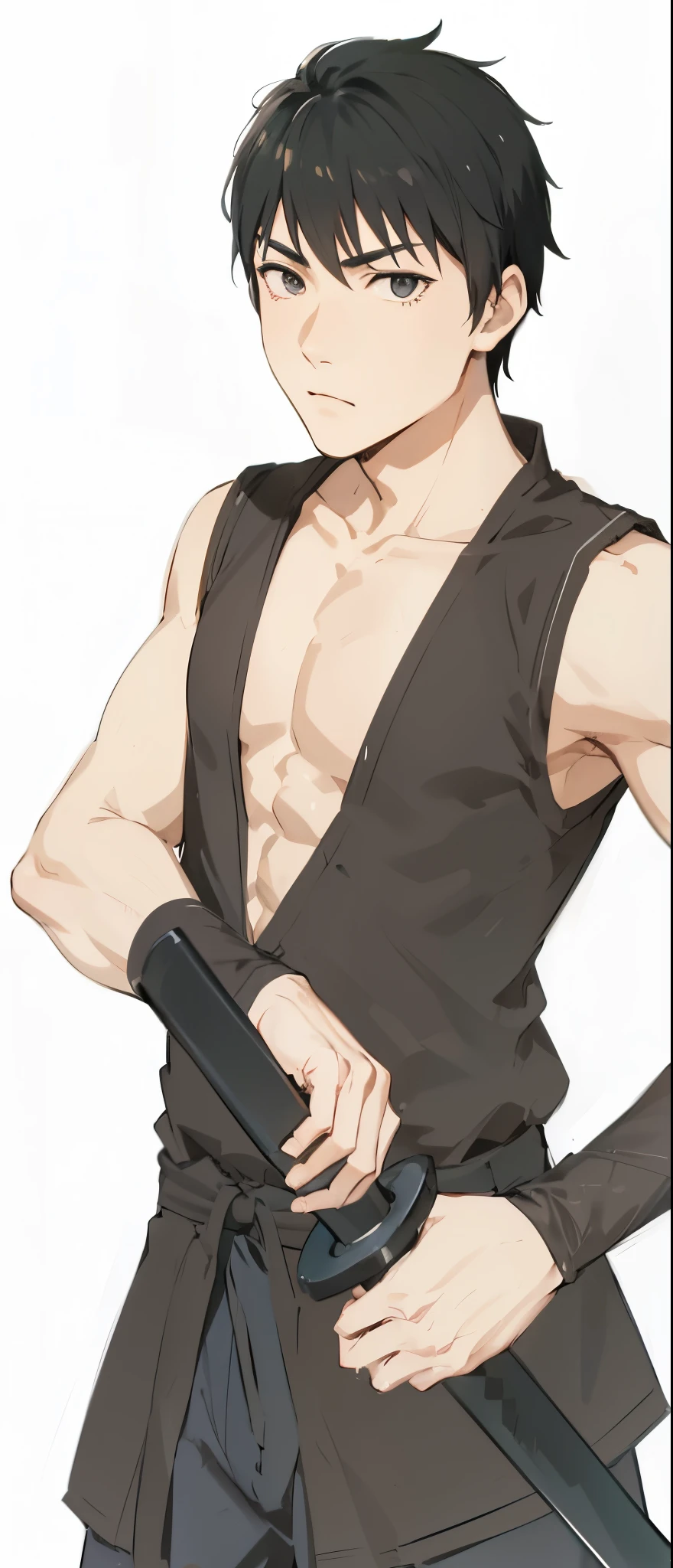 Anime black hair and black eye man with black martial art uniform holding black katana sword