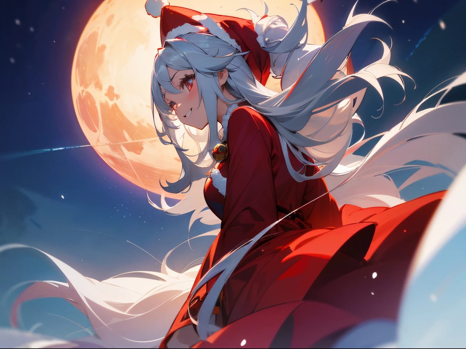 A fantastic night view of the snowy city、Side profile of smiling long-haired silver-haired girl in Santa Claus hat and red dress looking at the sky、A wide smile that shows your teeth with narrowed eyes、Back lighting、