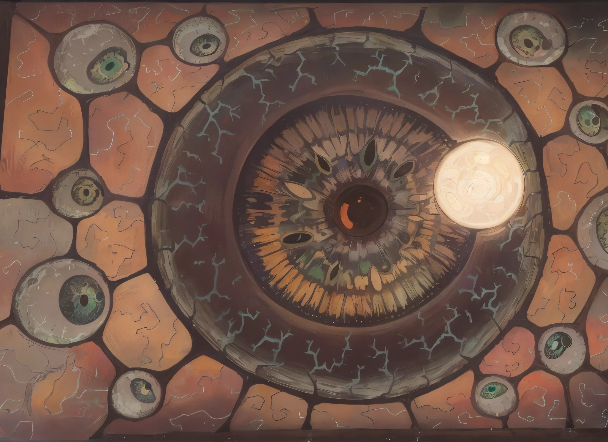Picture of a circular object with a pattern on it, eyeballs intricated, inspired by Ernst Haeckel, with multiple eyes, inspired by Earnst Haeckel, the eye of the universe, digital art. sharp focus