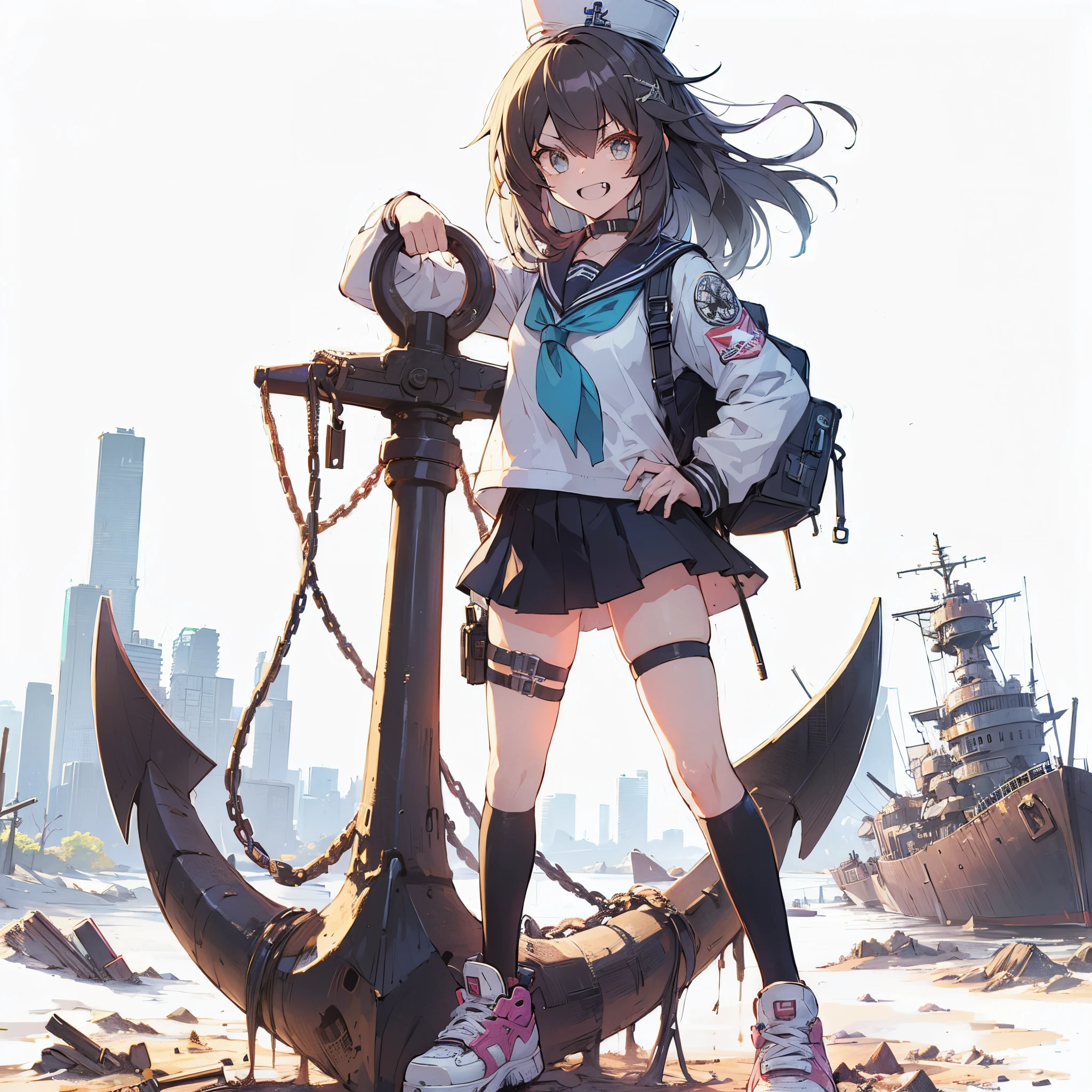 (masutepiece, Best Quality), (Perfect athlete body:1.2), (detailed hairs), Ultra-detailed, Anime style, Full body, Solo, cyberpunk sailor girl, with a huge anchor, shaped teeth, Black hair, blond eyes, Wearing sneakers, Standing in the wasteland, 8K High Resolution, White background, Whole body,