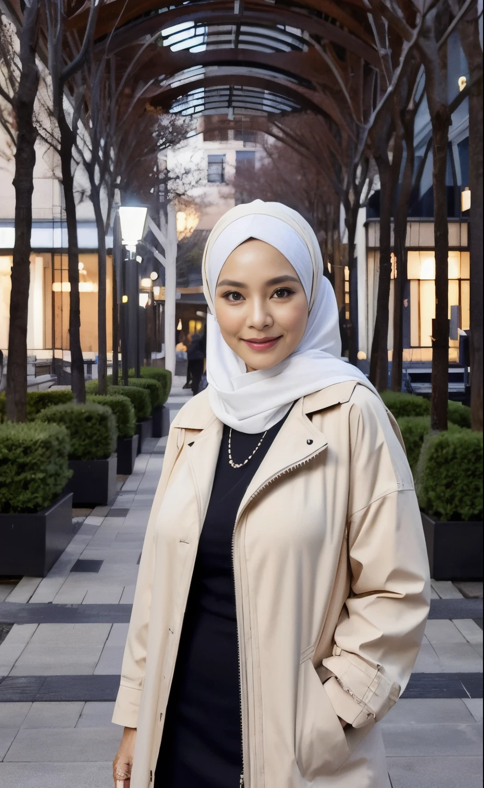 58 Years old, Indonesian mature woman, wearing Wide Hijab, perfect , natural Gigantic breast : 86.9, gorgeous eyes, Soft smile, wear a unzipped Jacket, No Wearing Bra, necklace, Breast about to burst Out, Nightime walk, City garden, Excellent lighting, Light colors, Clean lines