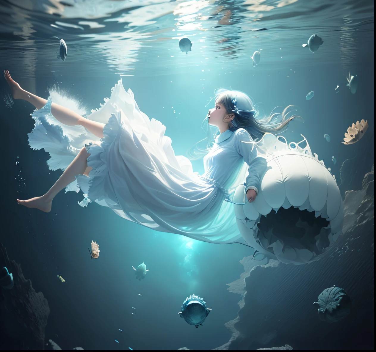 A girl falls into the deep sea,Background with:blue colors,Glowing bubbles