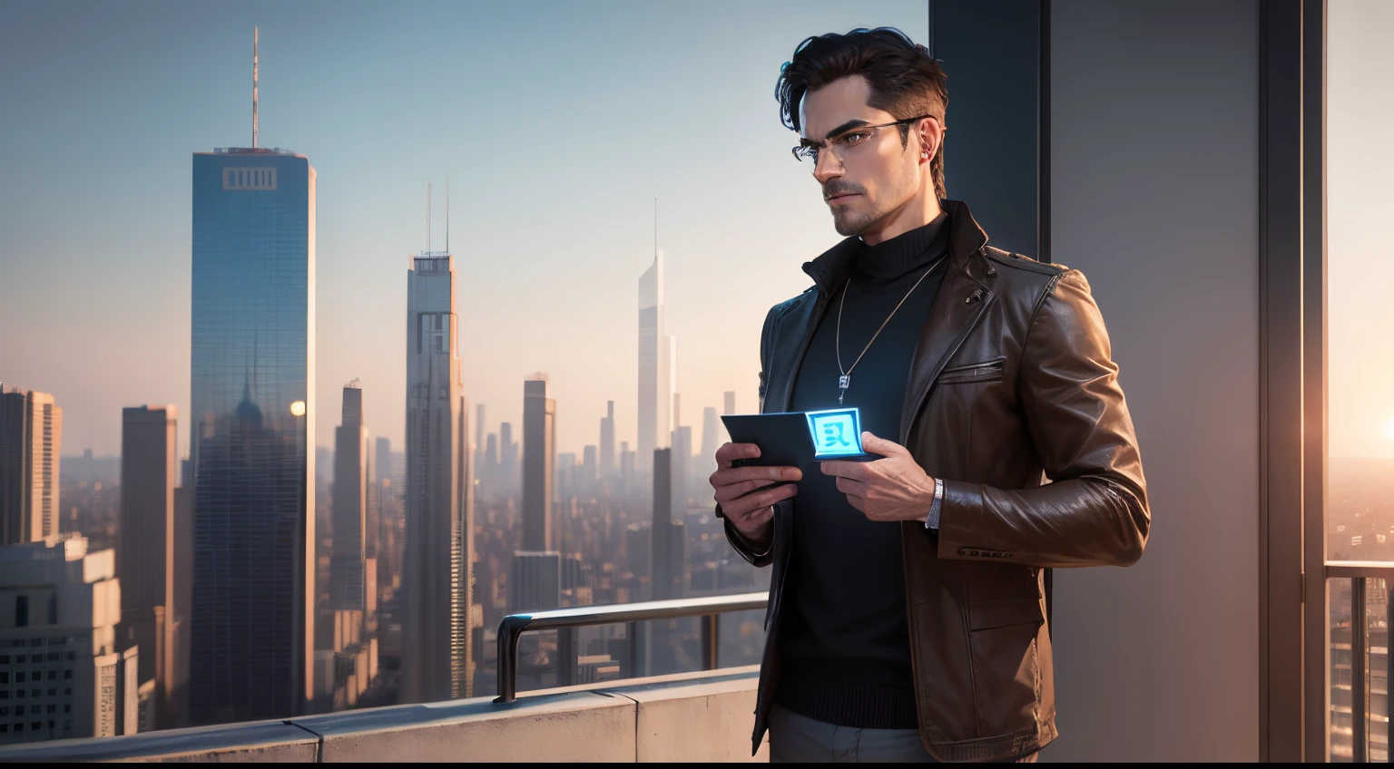 A man holds a bitcoin in his hands and the city of the future is in the background.