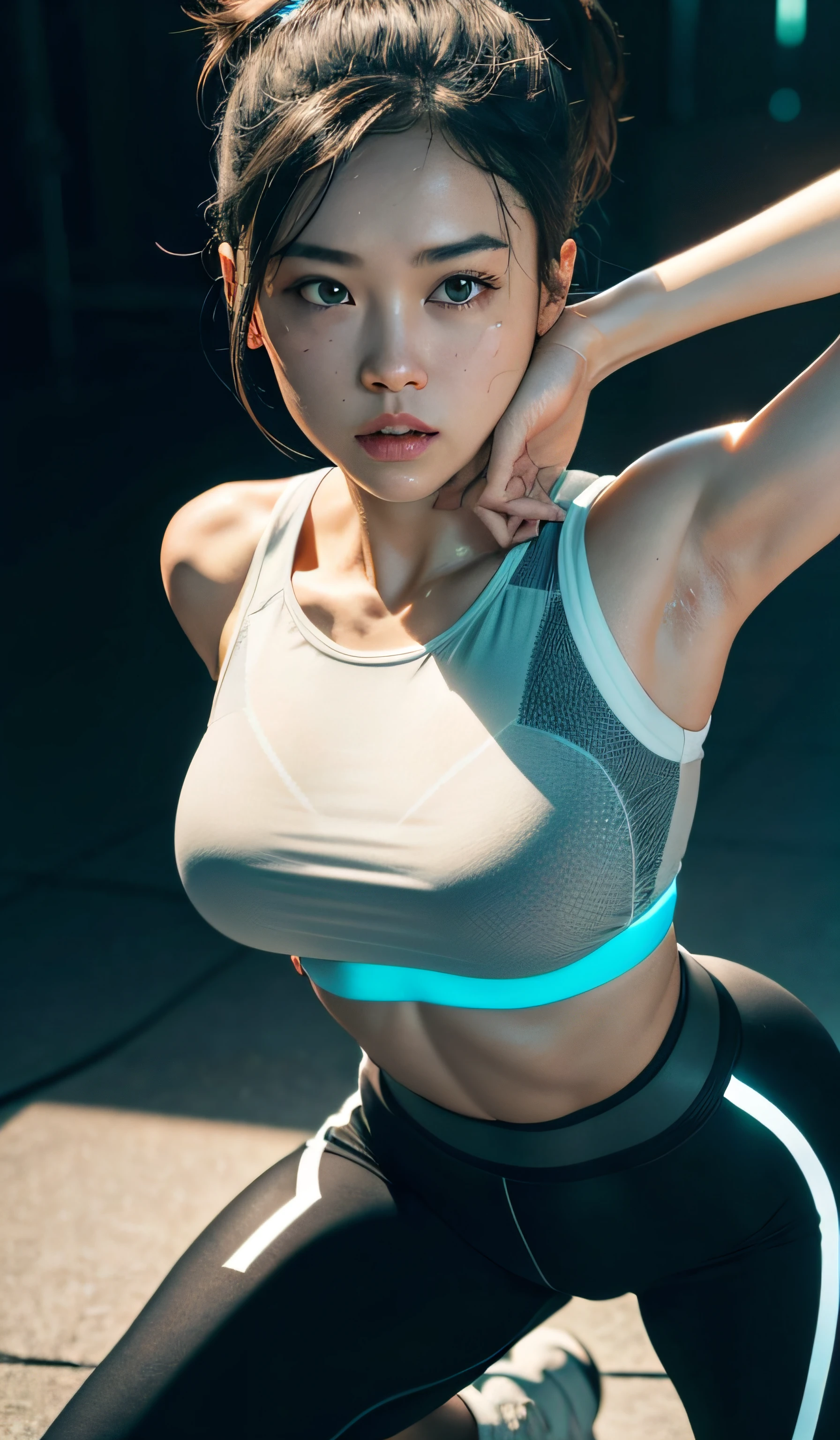 1 girl, beautiful eyes, red face, slightly open lips, full and symmetrical breasts, bulging buttocks, tight sports shirt, white skinny yoga pants, detailed lines between the thighs, white sneakers, black hair, high ponytail, belt, tattoo, running track, park, jungle, lake, chest close-up, hip close-up, HDR (High Dynamic Range), ray tracing, NVIDIA RTX, Super Resolution, Unreal 5, Subsurface scattering, PBR textures, Post processing, Anisotropic filtering, Depth of field , Maximum sharpness and sharpness, Multi-layer textures, Albedo and specular maps, Surface shading, Accurate simulation of light-material interactions, Octane rendering, Duotone lighting, Low ISO, White balance, Rule of thirds, Large aperture, 8K RAW, High efficiency sub-pixel, Subpixel convolution, (Glow particles: 1.4), {{Masterpiece, Best Quality, Extremely detailed CG, Unity 8k wallpaper, 3D, cinematic lighting, lens flare}},