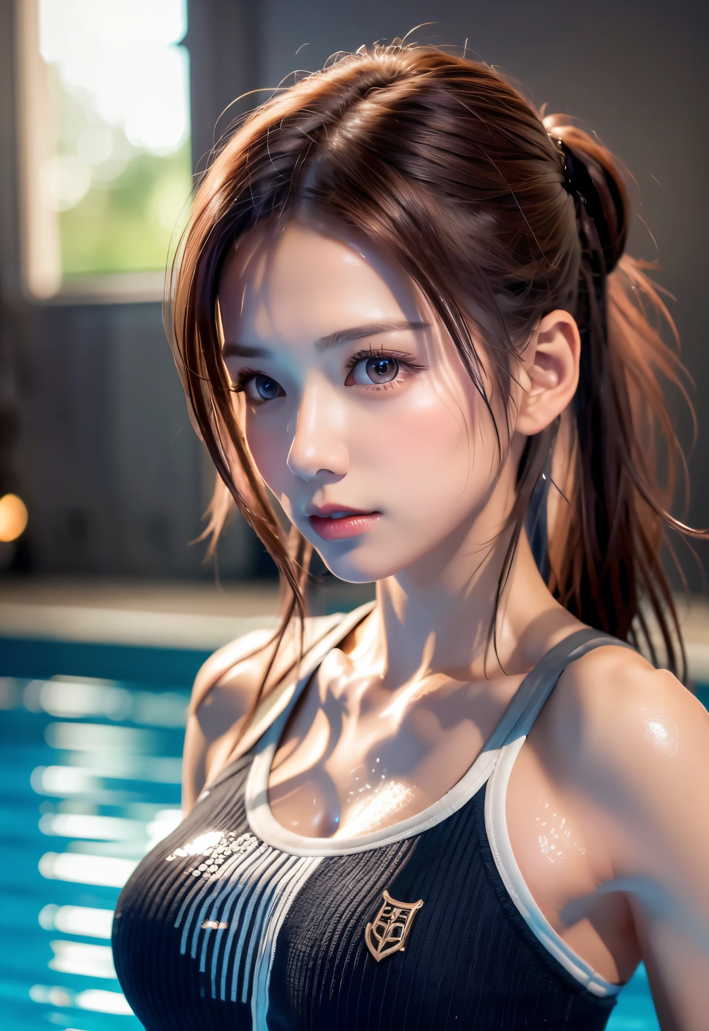 8K, of the highest quality, masutepiece:1.2), (Realistic, Photorealsitic:1.3), of the highest quality, masutepiece, Beautiful young woman, Pensive expression, Thoughtful look, Competitive swimmers、swim wears、Hair tied back, Cinematic background, Light skin tone、wetted skin