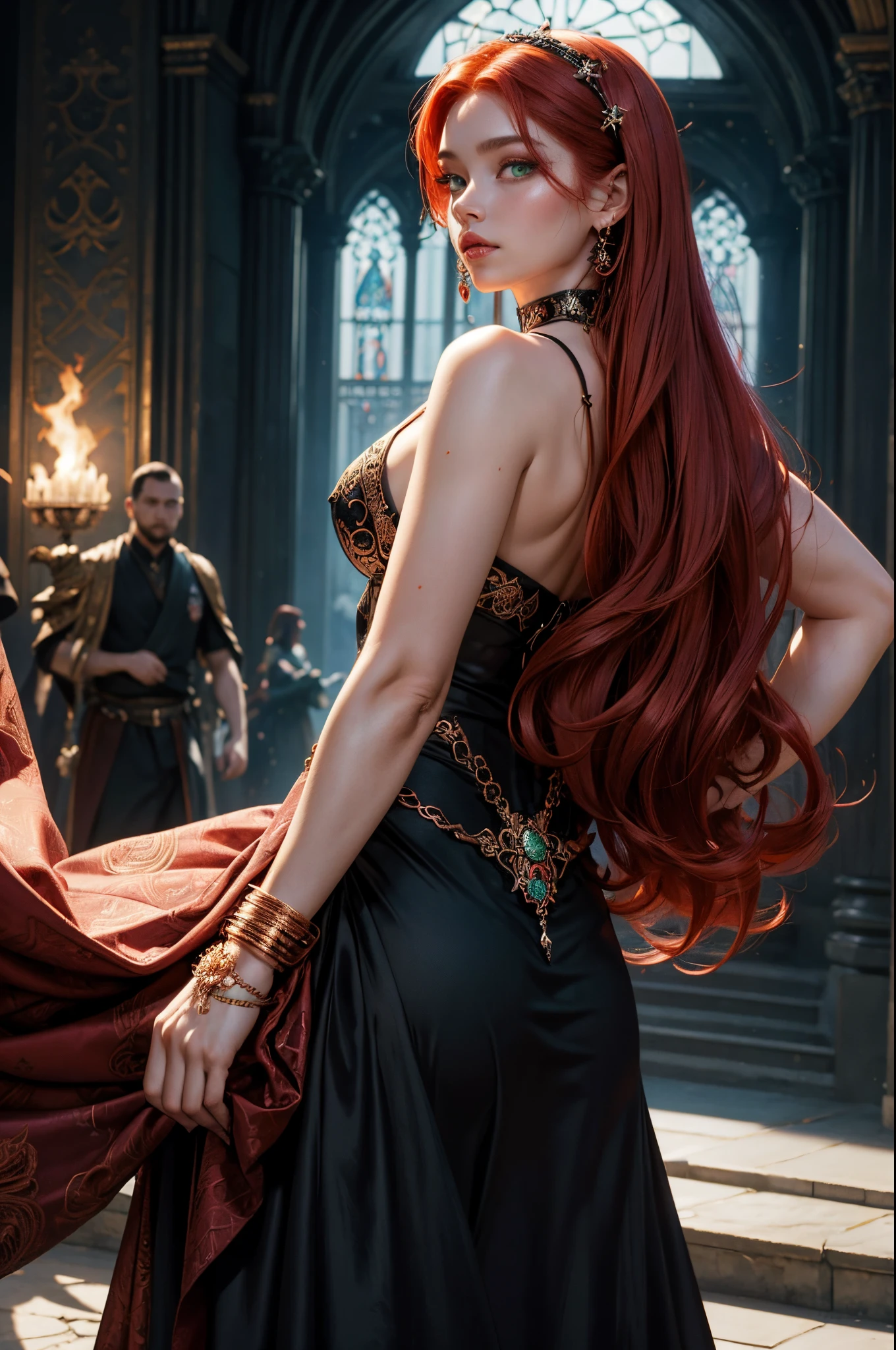 Photo of a woman with red hair and a death grip in a black dress, John Collier's Art Style, Virgo with copper hair, Style by Karol Buck, Young Redhead, portrait of a young witch, No Bowwater Art Style, Stage Director: Roberto Lankiewicz, Geraldo Brohm, Alberto Lynch, portrait of princess merida, Dave Sim, Red-haired girl in a dark palace, Black and purple velvet dress in a kokoshnitsa, Luxury Gypsy Clothing, Head Decoration, lace choker, tmasterpiece, topquality, (Odin), (a perfect face: 1.3), (higly detailed: 1.2), dramatic, 1girl, Angel, (Pale-skinned), Long red hair, dark red hair, (Huge-breasts), light eyebrows,,,,,,,,,, hairlong, the night, Purple and Black Medieval Gypsy Clothing, a lot of jewelry, Head decorations, brown eye, The navel is covered......., pouty lips, Curvilinear, (Hands Behind Your Back: 1.4), Covered, Detailed background of the palace, Arte de Artgerm e Greg Rutkowski, 电影灯光, , moda, balenciaga, Alexander McQueen, glistering, Copper-red hair, Copper-red hair, redhead hair, redhead woman, Beautiful red hair, Redhead, Pale-skinned, Bottle of Fat, large lips, juicy lips beautiful lips, pretty eyes, Chubby Buchachas, round face, Chubby young woman, Chubby , chub, fat, Woman with chubby body, Chubby woman, Black Dress, Sullenly reaches out with his whole body towards the viewer.), (Green eyes: 1.3)